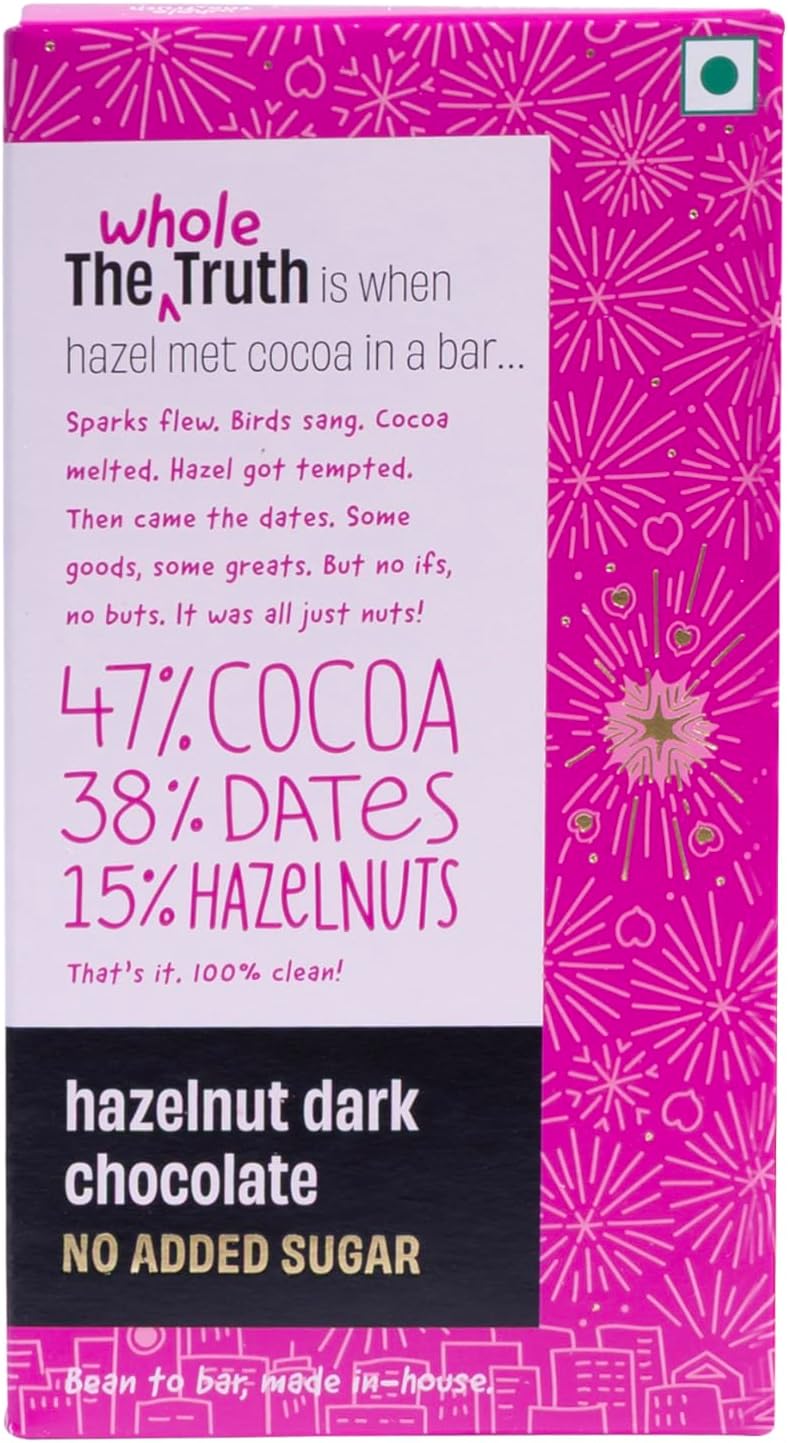The Whole Truth - Dark Chocolate - No Added Sugar - Sweetened Only with dates - 47% Cocoa - 38% Dates - 15% Hazelnuts