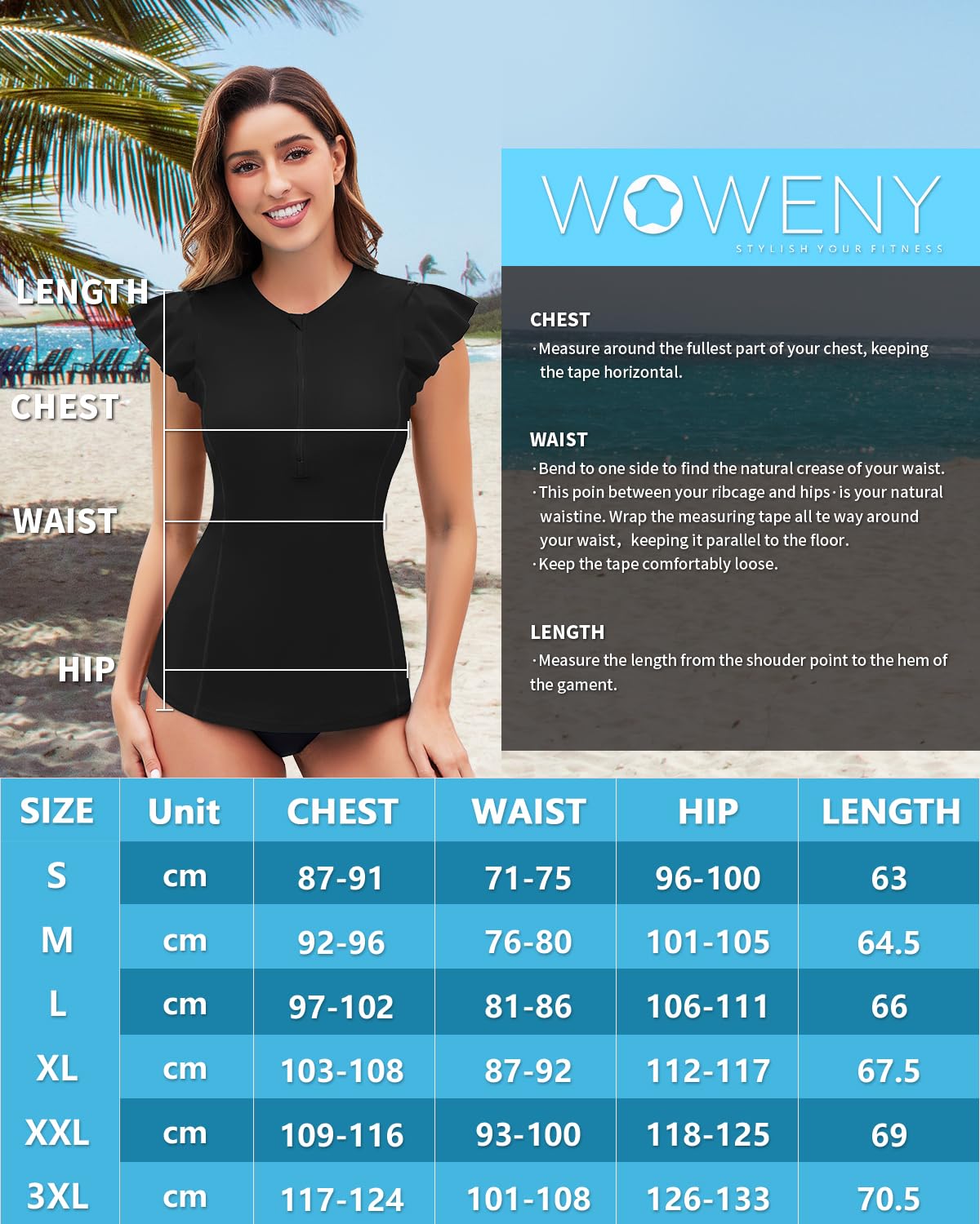WOWENY Maillot de Bain Anti-UV pour Femme - Manches à Volants - avec Fermeture éclair 1/4 - Maillot de Bain Rash Guard - Tankini - Haut pour Femme