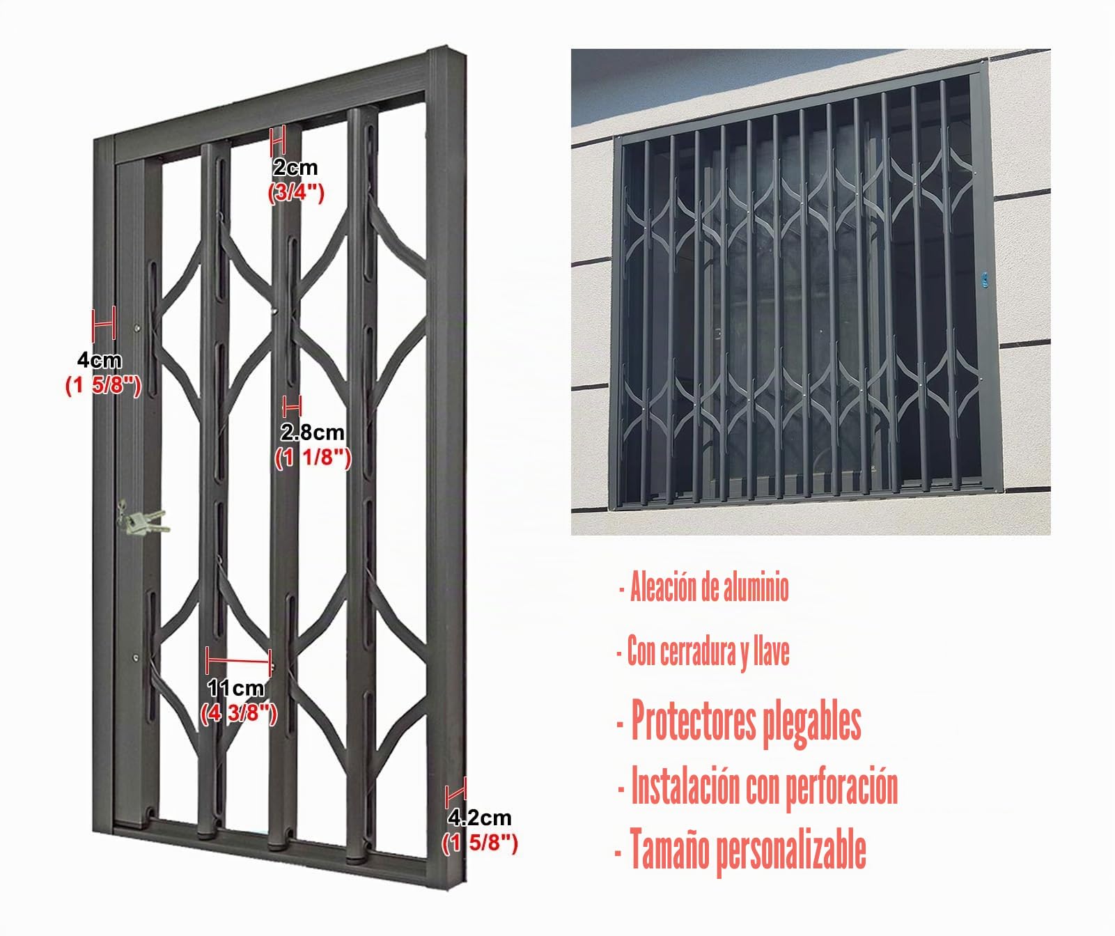 Rejas para Ventanas Exteriores Rejilla de Seguridad Metálica Plegable para Ventanas, Barras de Seguridad para Ventanas Correderas con Cerradura y Llave, Barandilla Antirrobo para Ventanas Interiores,