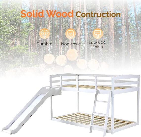 JOYMOR Bunk Bed with Curved Slide, Low Bunk Bed Twin Over Twin, Bunk Bed with Slide and Angled Ladder, Solid Pine Wood Slide Bed,14 Safety Guardrail, Anti-Slip Steps