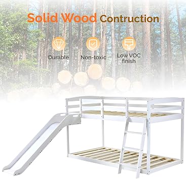 JOYMOR Bunk Bed with Curved Slide, Low Bunk Bed Twin Over Twin, Bunk Bed with Slide and Angled Ladder, Solid Pine Wood Slide Bed,14 Safety Guardrail, Anti-Slip Steps