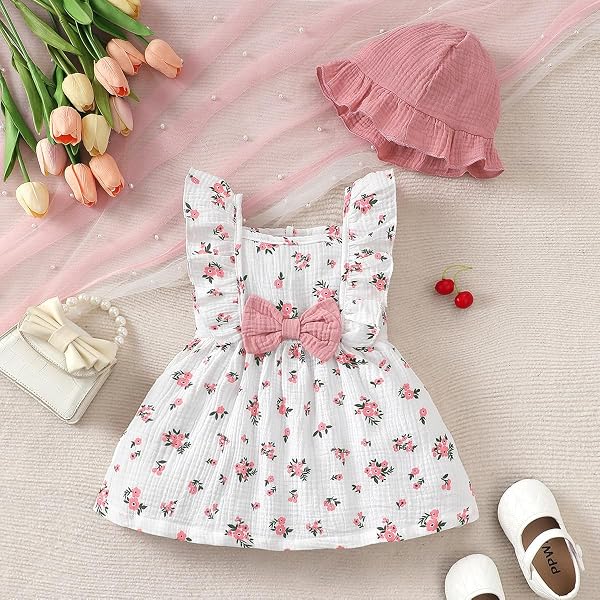 JENJON Ensembles Robes et Chapeaux pour Petites Filles Manches à Volants Imprimée Cœurs/Fleurs Robe en Coton et Lin Fille Tenue Printemps et Été Vêtement - 2