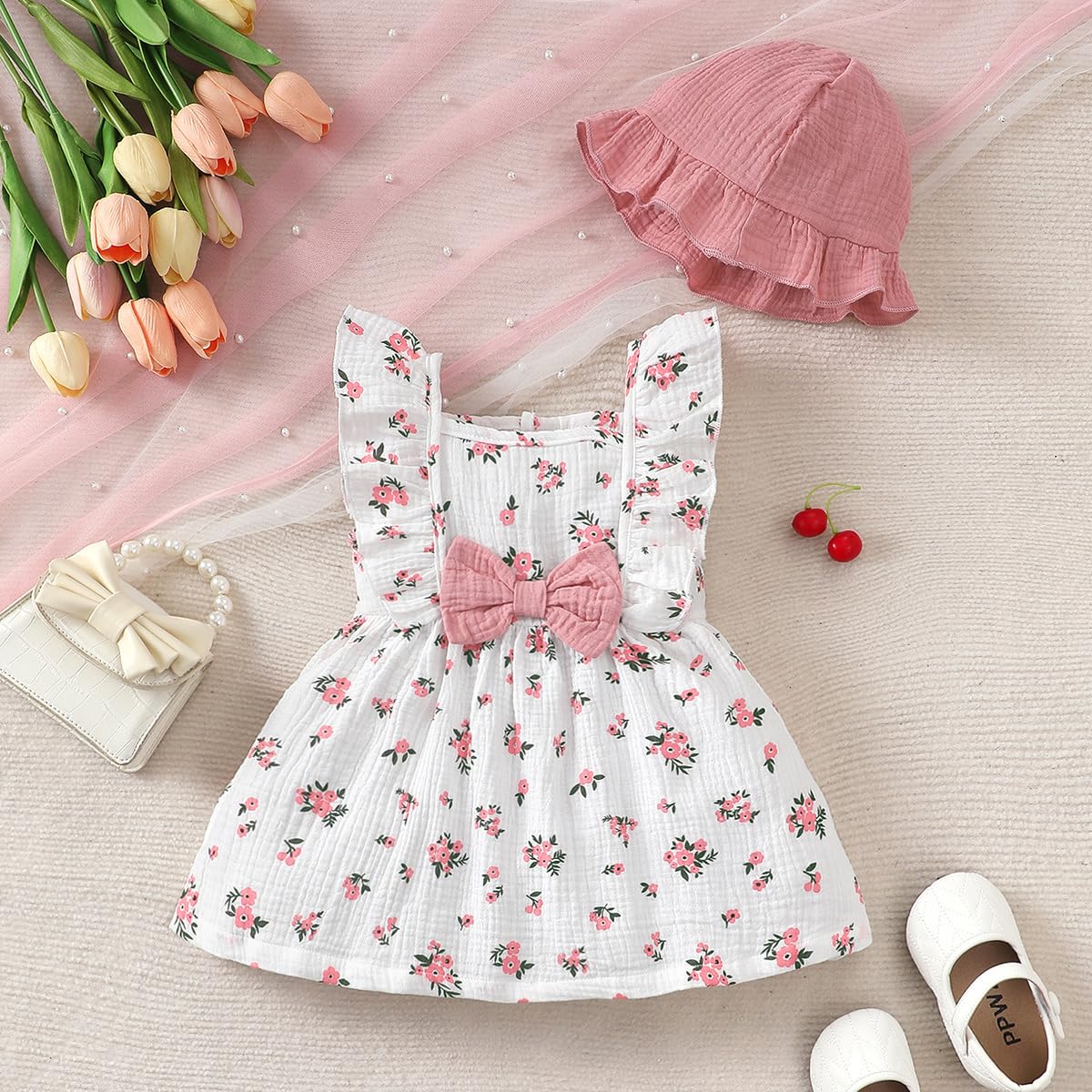 Ensembles Robes et Chapeaux pour Petites Filles Manches à Volants Imprimée Cœurs/Fleurs Robe en Coton et Lin Fille Tenue Printemps et Été Vêtement - 3