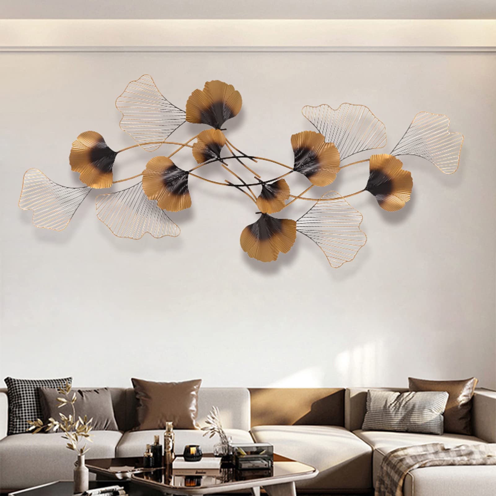 Decoración de Pared de Hojas de Ginkgo de Metal, Escultura de Pared Adorno Colgante de Metal, Regalo para Hogar Salón Dormitorio Oficina Fondo de Pared,170x65cm