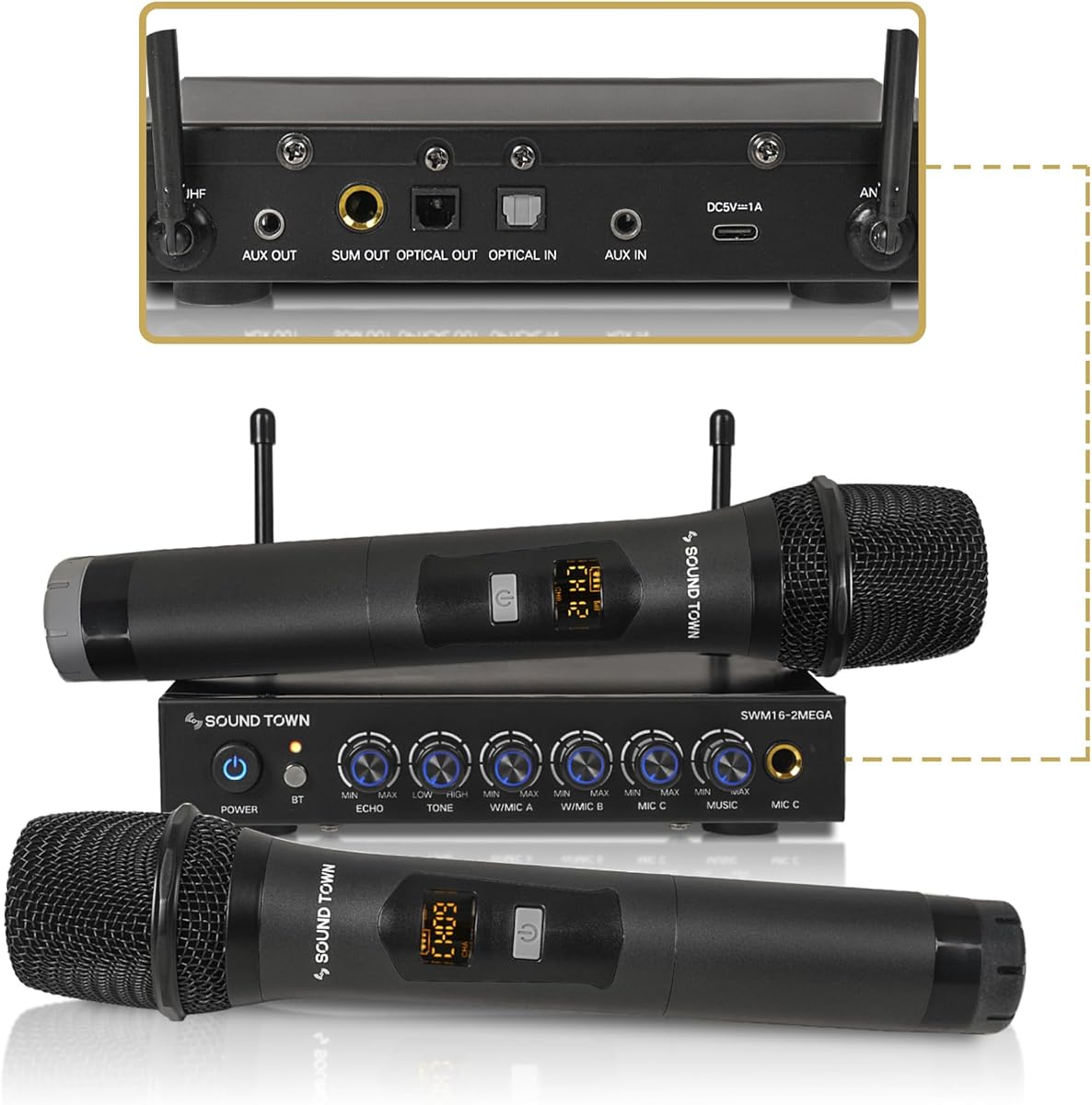 Sound Town 100 Channels Wireless Microphone Karaoke Mixer System with 2 Metal Handheld Microphones, Optical (Toslink), AUX, for Smart TV, Home Theater, Sound Bar (SWM16-2MEGA)