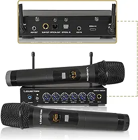 Sound Town Microfone sem fio de 100 canais, sistema misturador de karaokê com 2 microfones portáteis metálicos, óptico (Toslink), AUX, para Smart TV, Home Theater, Sound Bar (SWM16-2MEGA)