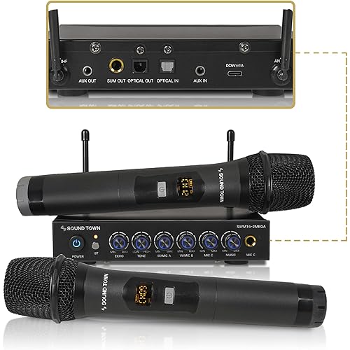Sound Town 100 Channels Wireless Microphone Karaoke Mixer System with 2 Metal Handheld Microphones, Optical (Toslink), AUX, for Smart TV, Home Theater, Sound Bar (SWM16-2MEGA)