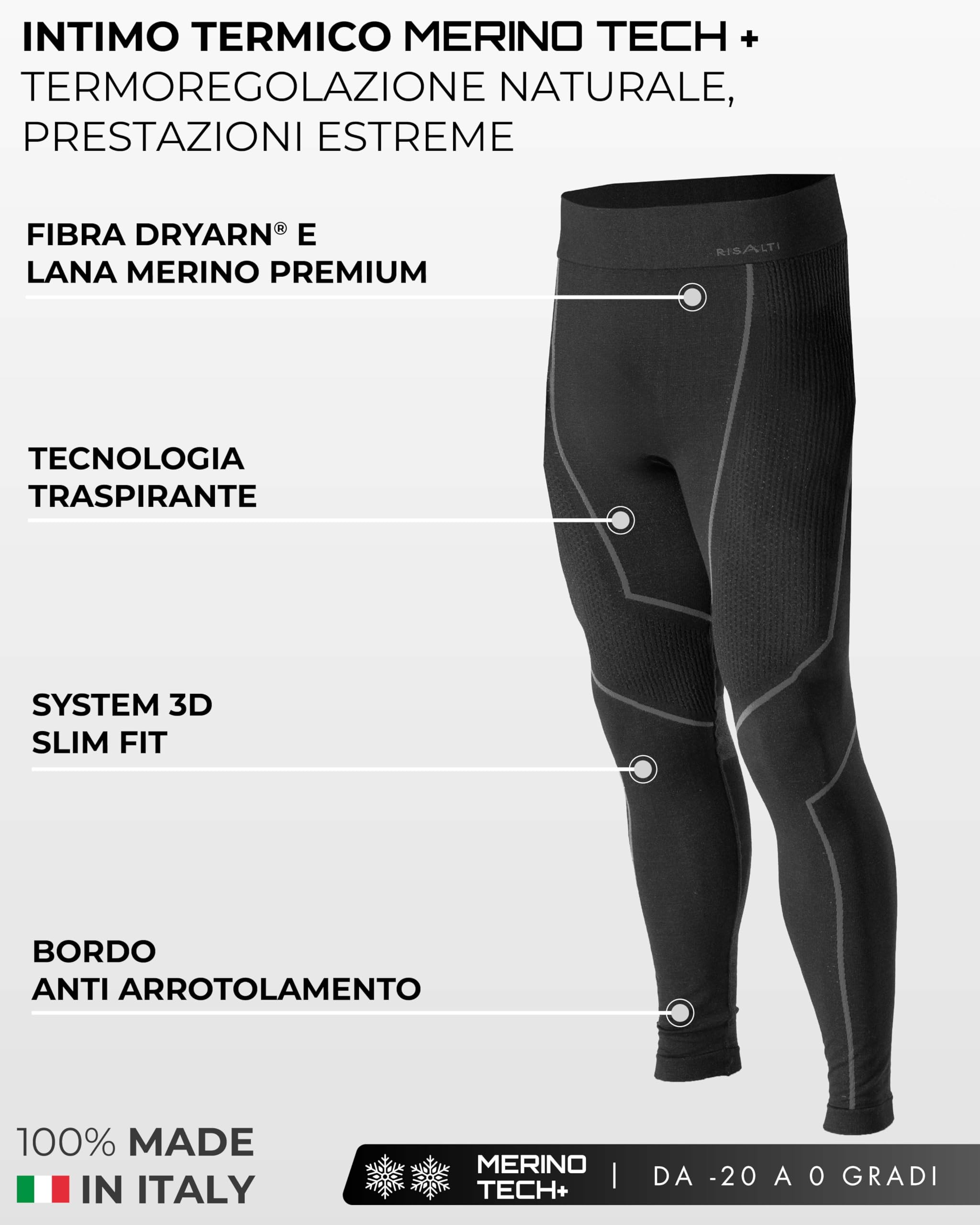 Risalti Tuta Termica Uomo Invernale Lana Merino Tech - Completo Maglia Termica Uomo e Calzamaglia in Merino Premium e Dryarn, Intimo Seamless, Traspirante e Termoregolante Estremo - Made in Italy