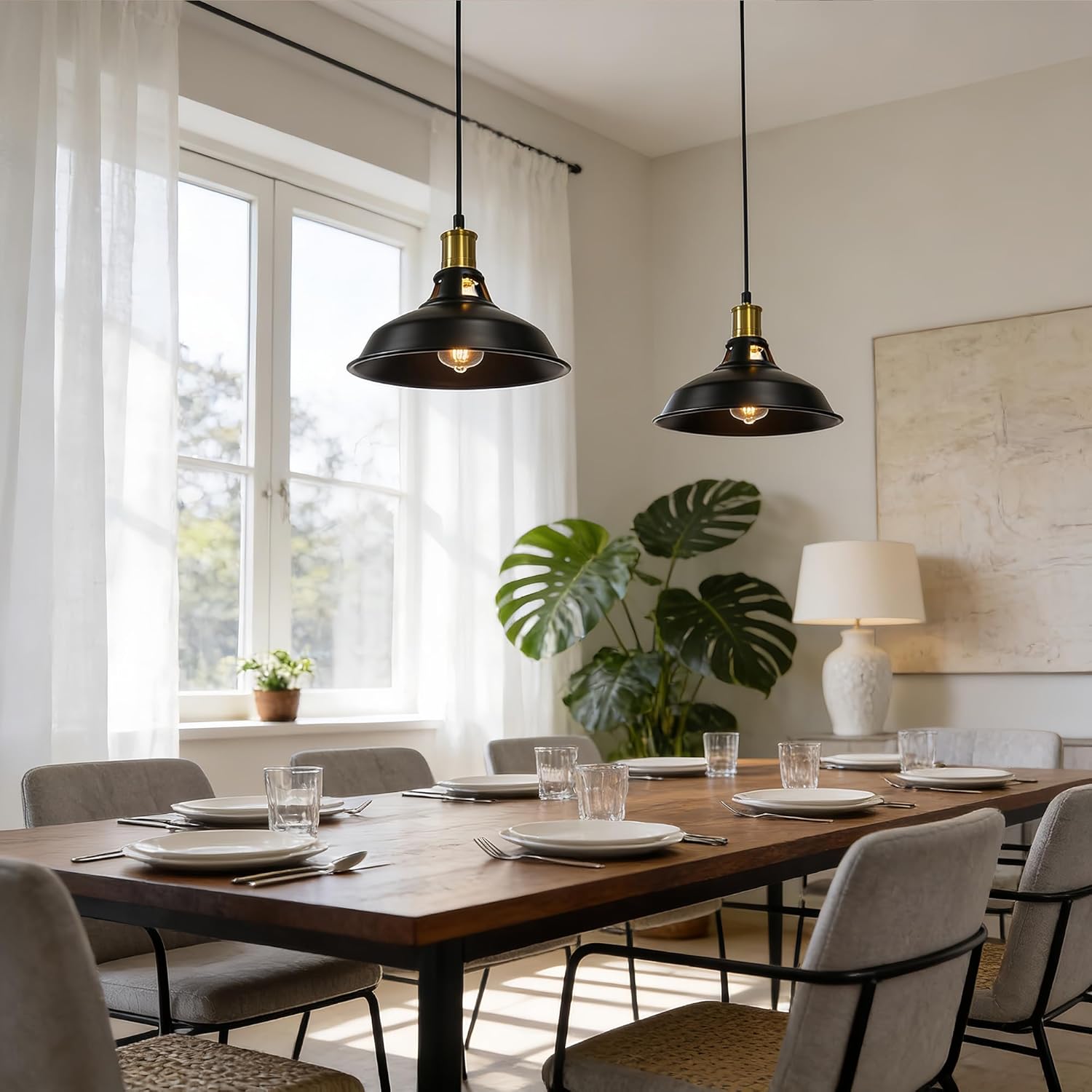 Pendant Light Fixture, Plug-in Industrial Metal Shade Hanging Light with 15ft Cord, On/Off Switch, Farmhouse Black & Gold Lighting for Kitchen Island, Dining Room, Bedroom, E26