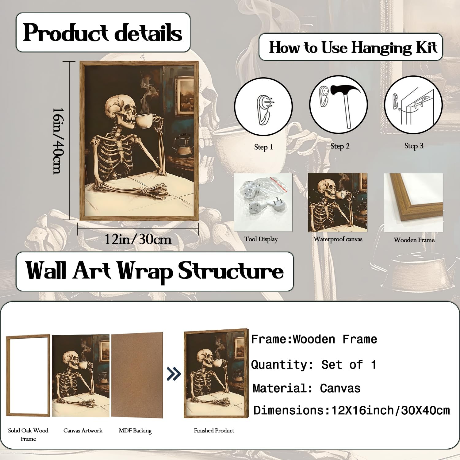 Funny Skeleton Coffee Bar Wall Art Whimsical Skull Drinking Coffee Wall Decor Picture Vintage Gothic Cafe Bar Accessories Poster Canvas Prints for Living Room Kitchen 12x16 inch Wood Framed