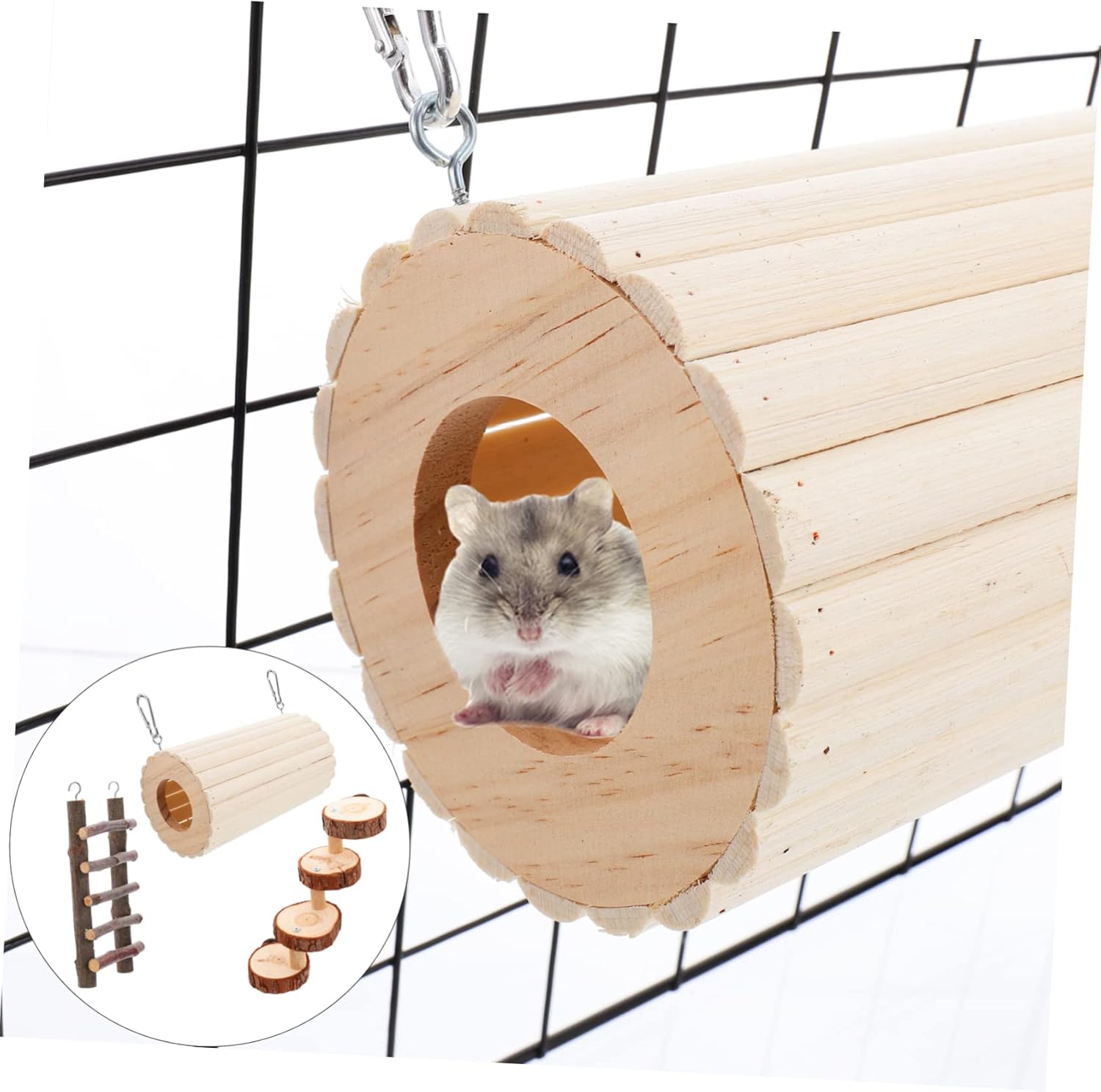 Totority 3pcs Hamster Wooden Play Set Climbing Tube Tunnel Hideout Toy for Dwarf Hamster Cage Accessory