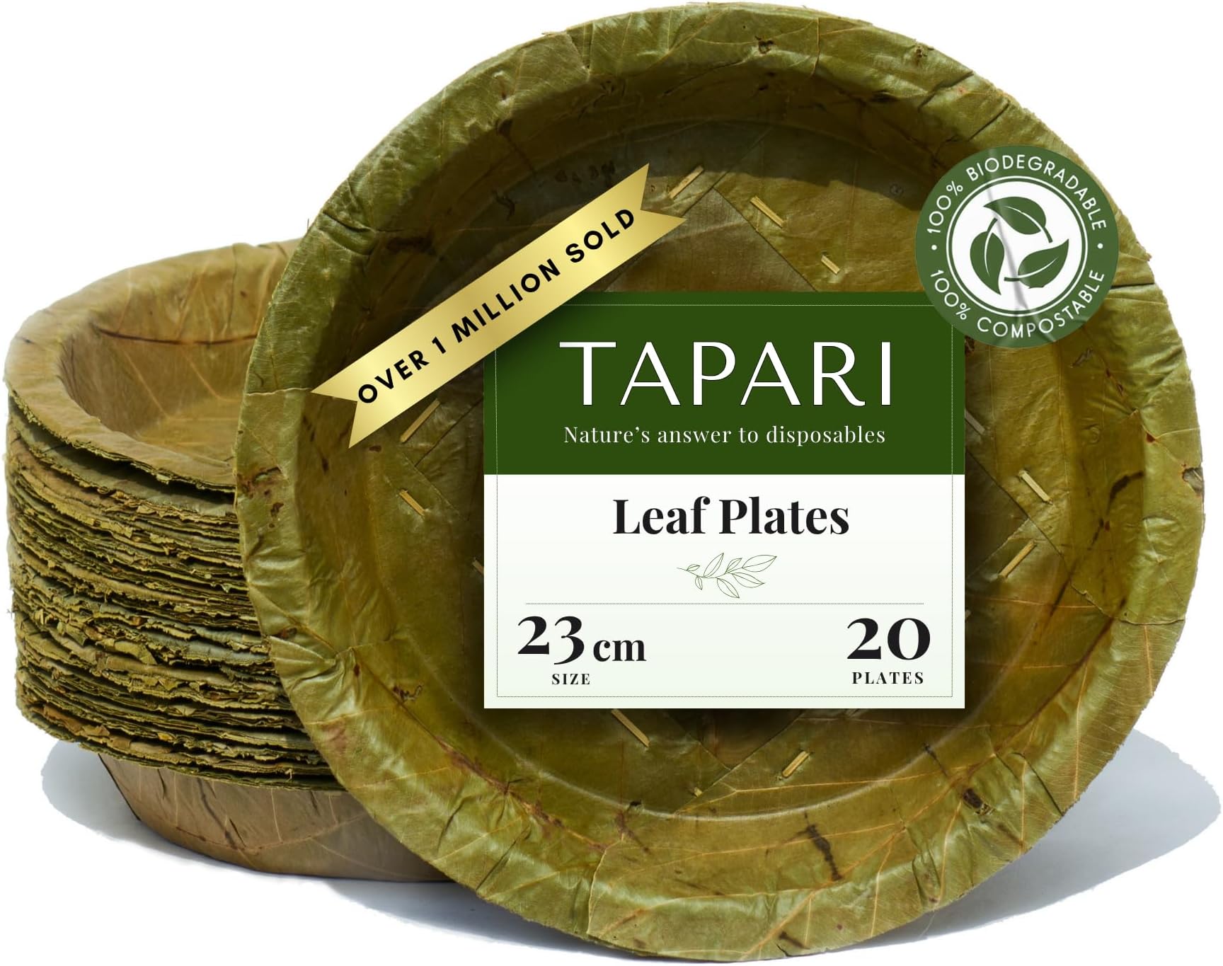 TAPARI Large Disposable Leaf Plates - 20 Pack - 23cm Diameter - 800ml - Natural & Eco-Friendly - 100% Compostable & Biodegradable - for Hot & Cold Food - Sal Leaf