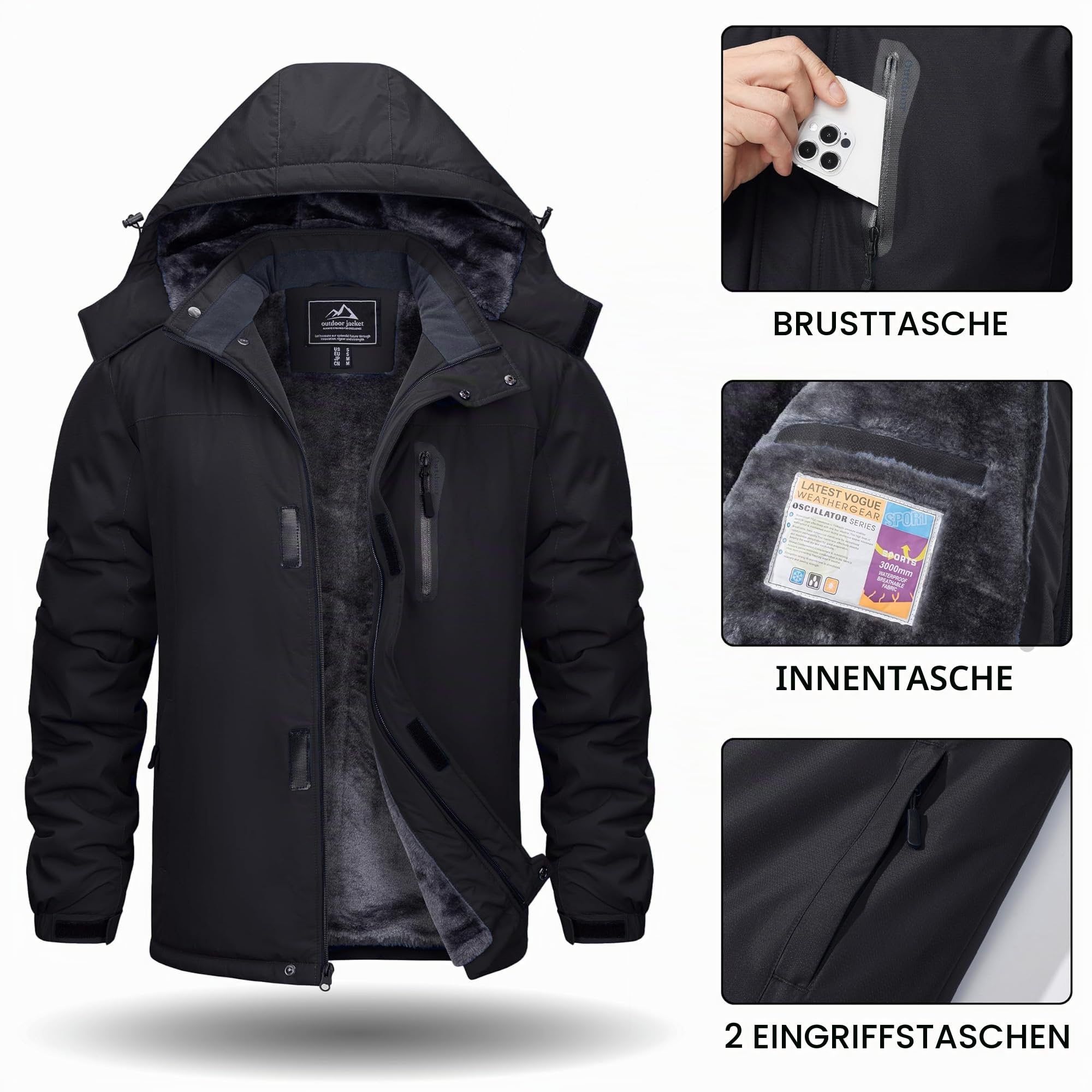 TACVASEN Winterjacke Herren Wasserdicht Warme Skijacke Fleece Gefütterte Softshelljacke Atmungsaktiv mit Abnehmbarer Kapuze