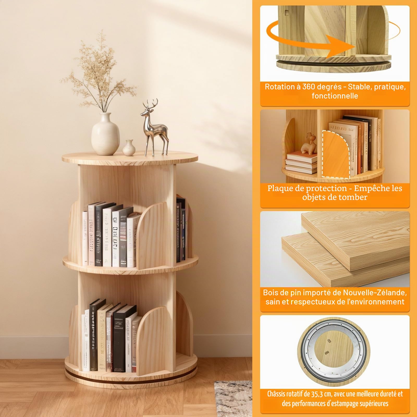 Bibliothèque rotative à 2 étages en bois massif - Étagère debout à 360° - Étagère à livres multifonctionnelle - Étagère de rangement pour enfants et adultes - Diamètre 39 cm - Hauteur 67 cm
