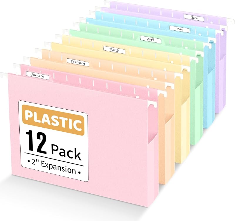 Sooez Extra Capacity Plastic Hanging File Folders, File Organizer | 12 Counts Expanding File Folders Letter Size with 2" Expansion, 1/6-Cut Tabs for File Cabinet, Drawer, Pastels Colors