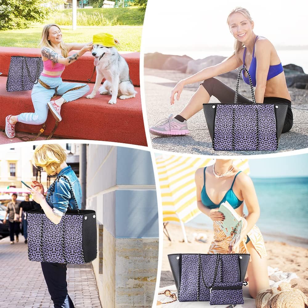 Beach Bag, Multipurpose Neoprene Tote Bag, Waterproof Shoulder Beach Tote, Large Tote Bag with Portable Wallet for Travel, Beach, Gym and Swimming（Purple Leopard）