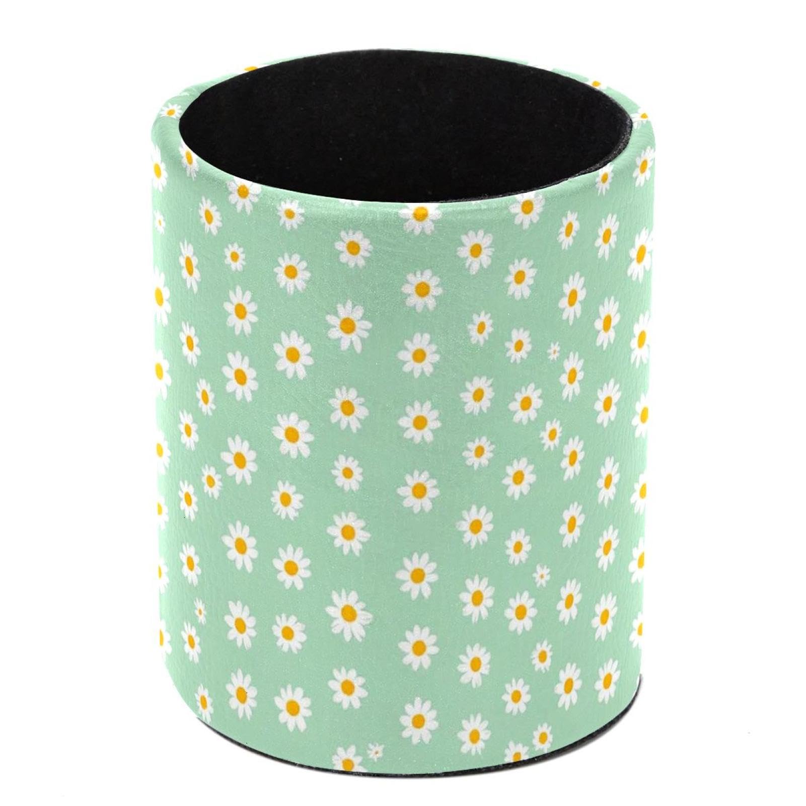 HEOEH Daisies Pen Holder for Desk, PU Leather Pencil Holder Pen Cup Marker Holder Makeup Brush Holders, Desk Accessories & Workspace Organizers for Home, Office