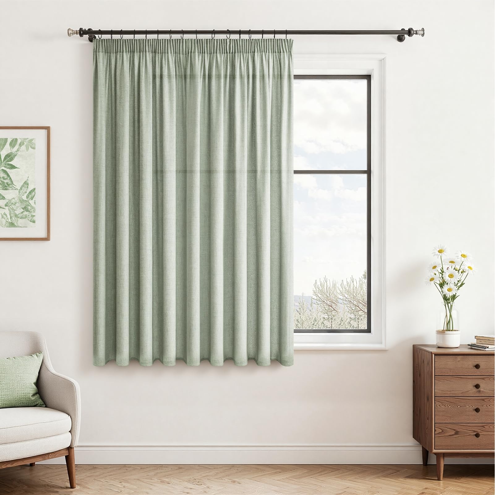 CUTEWIND Gardinen Grün Leinen Vorhang Halbtransparent Vorhänge Kinderzimmer Junge 1er Set 160 cm Hoch 200 cm Breit, Vorhang Halbtransparente Gardinen für Fenster Kurz Wohnzimmer Schlafzimmer