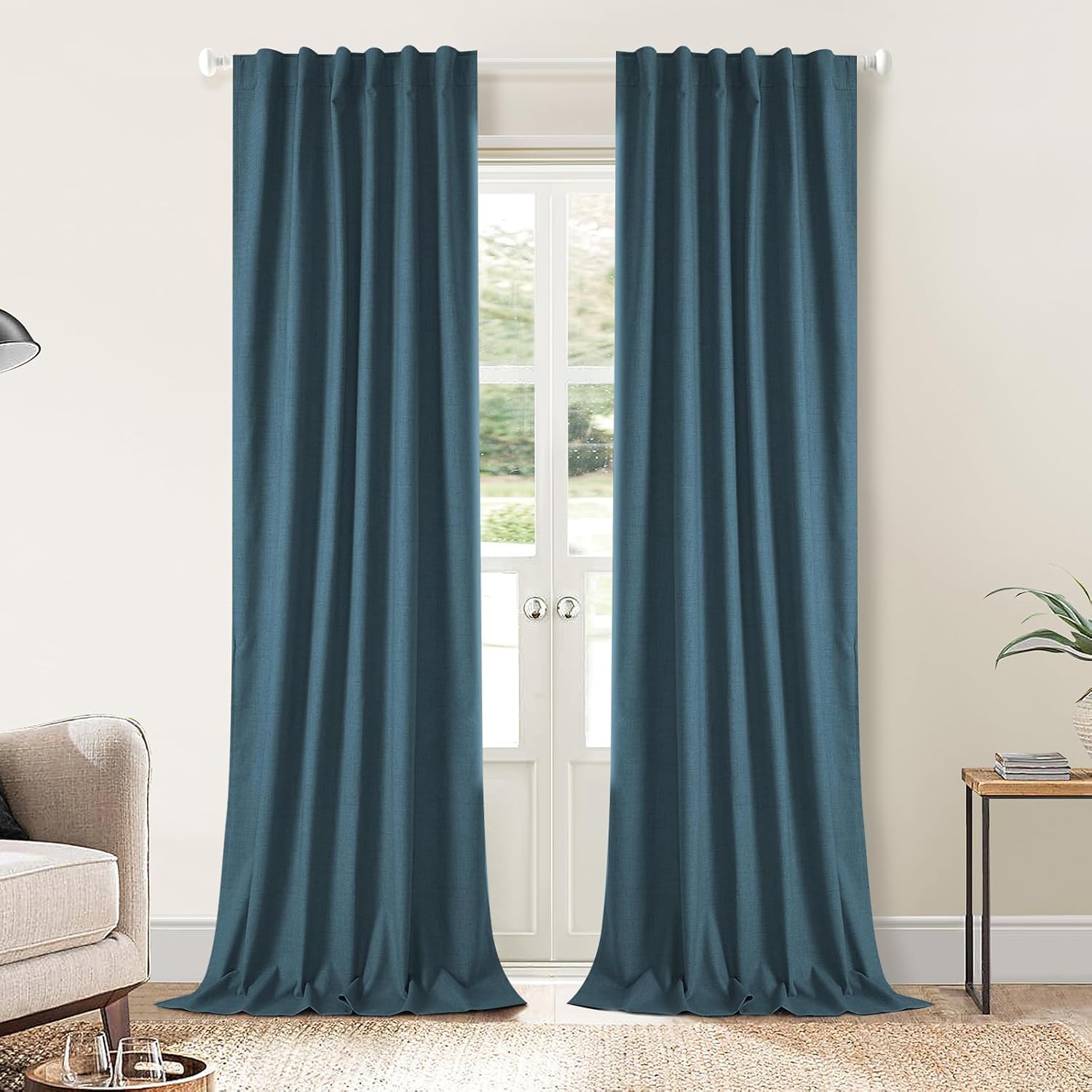 100% blackout curtains 108 inch length 2 panel set, heavy duty flax linen curtains for living room, thermal insulated drapes for bedroom, w52 x l108 inch-blue 52\"w x 108\"l (pack of 2) --3 in 1