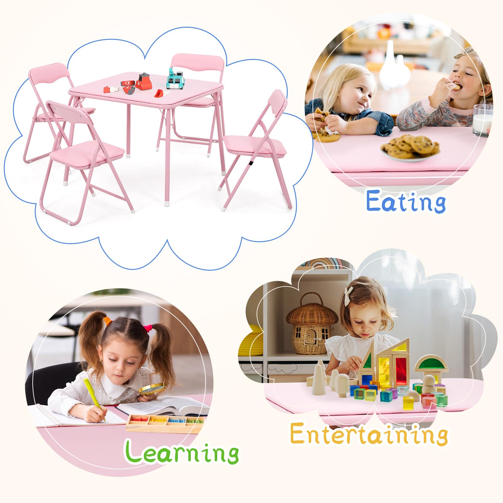Zstar Conjunto de Mesa y Sillas Plegables para Niños, Mesa Infantil | con 4 Sillas Acolchadas de PU Marco de Acero Resistente, Ahorra Espacio, para Comedor, Sala de Juegos y Dormitorio, Rosa