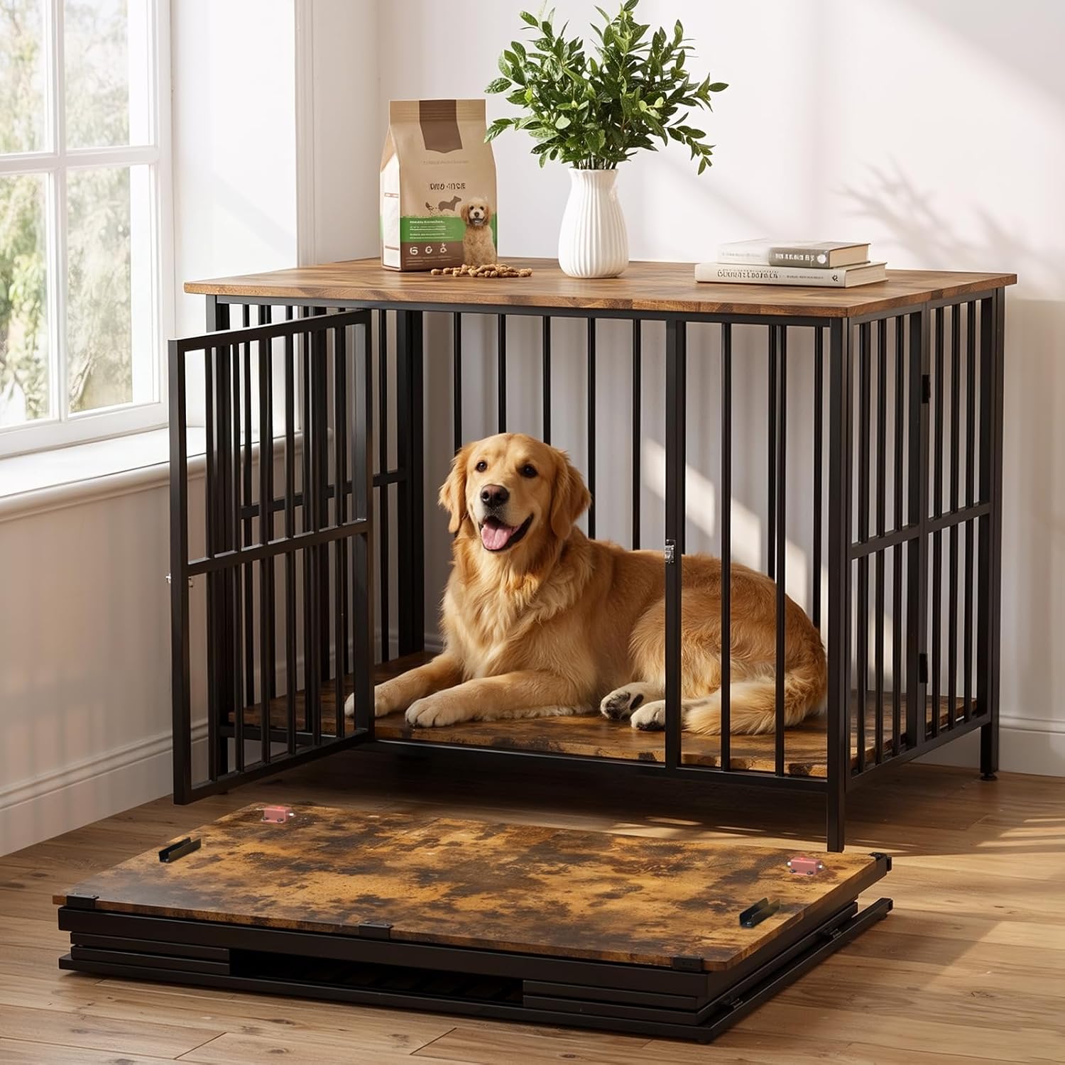 Foldable Dog Crate Furniture, No Assembly Heavy Duty Wooden Dog Kennel Indoor for Medium to Large Dogs, Dog Cage End Table Brown