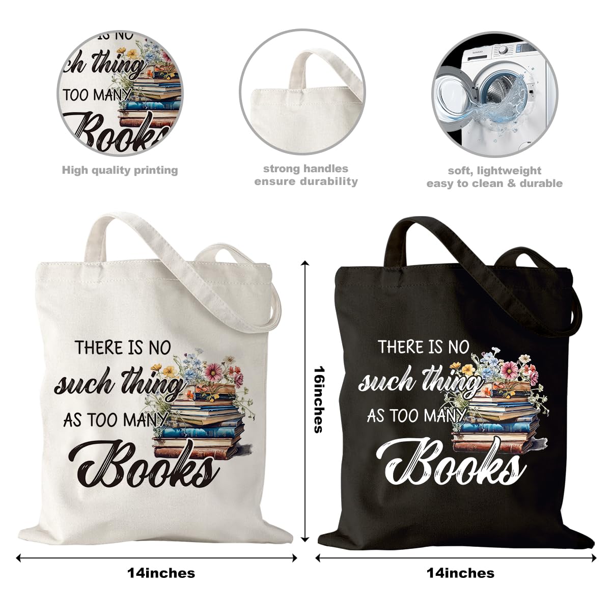 2PCS Canvas Tote Bags for Women - Book Lover Gift for Librarian, Teacher, Readers - Black, White - Image 2