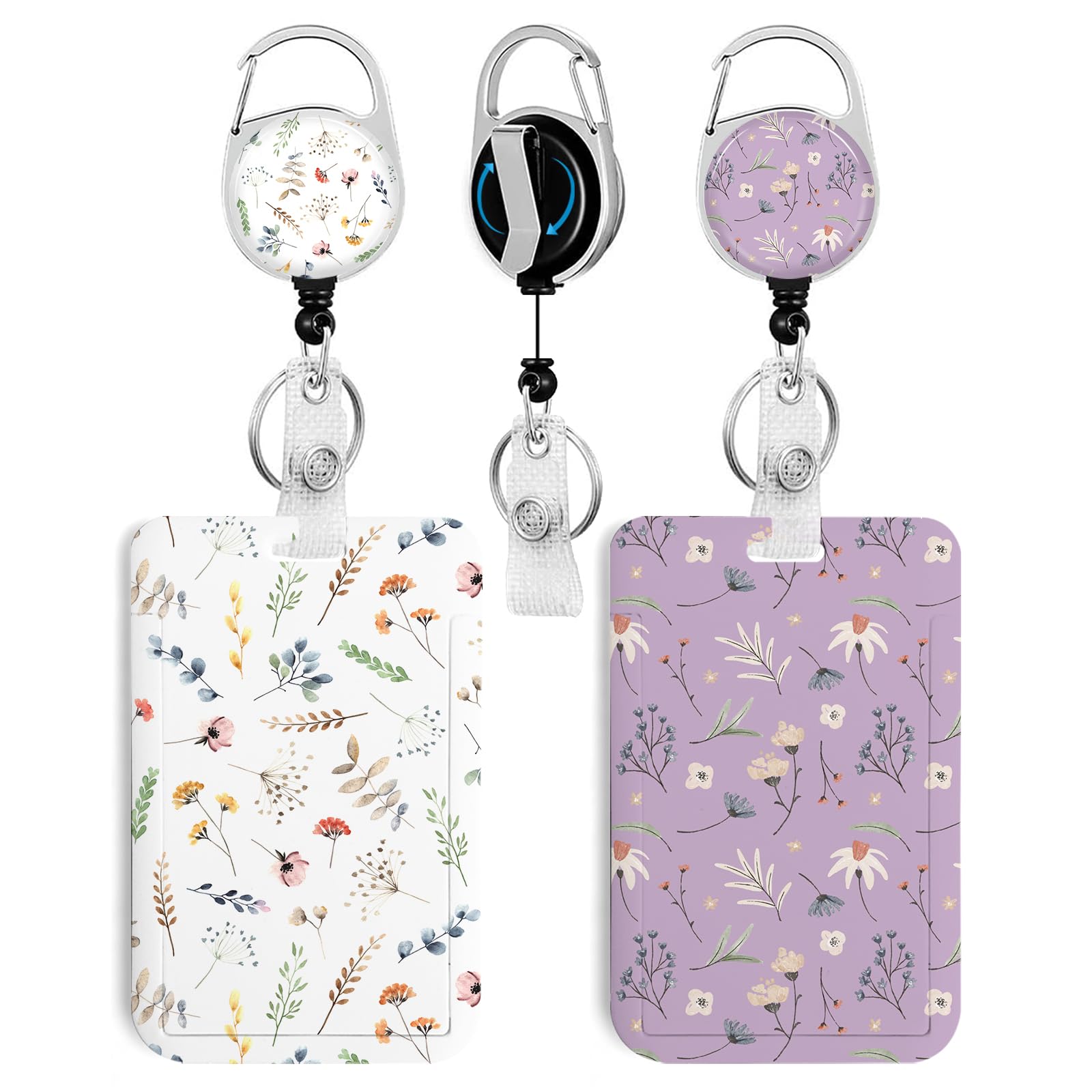2 Pack Flowers ID Badge Holder with Clip Badge Reels Retractable Heavy Duty,Keychain，ID Holder for School Nurse Office 2