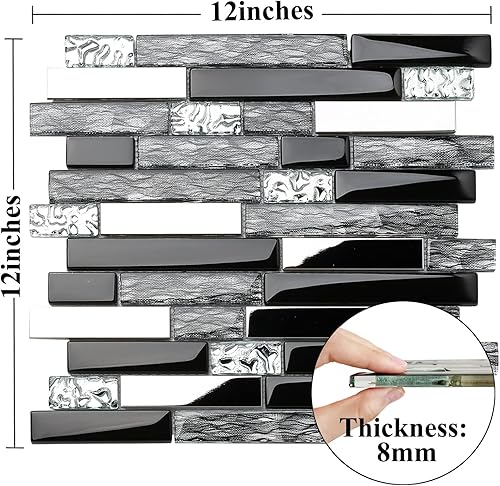 Miniatura 3 de Blujellyfish Azulejos de metal de vidrio, mosaico de seda, cristal negro, cromado, plateado, borde de pared, cocina, baño, azulejos TSTNB12 (5 pies