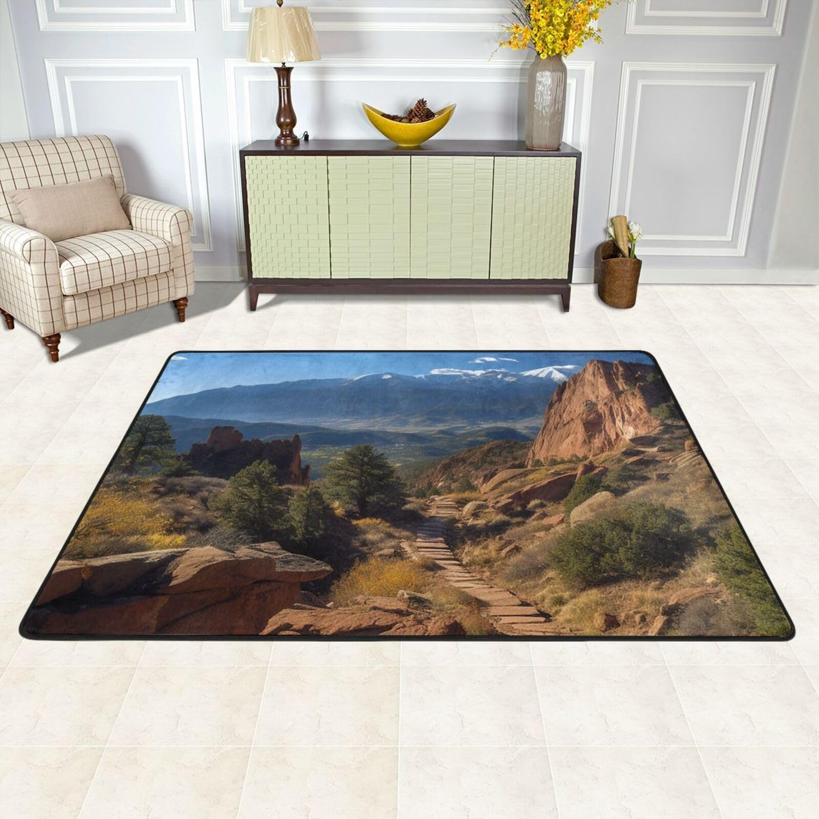 Tapis de sol pour salon motif Pikes Peak lavable et antidérapant grand format pour chambre