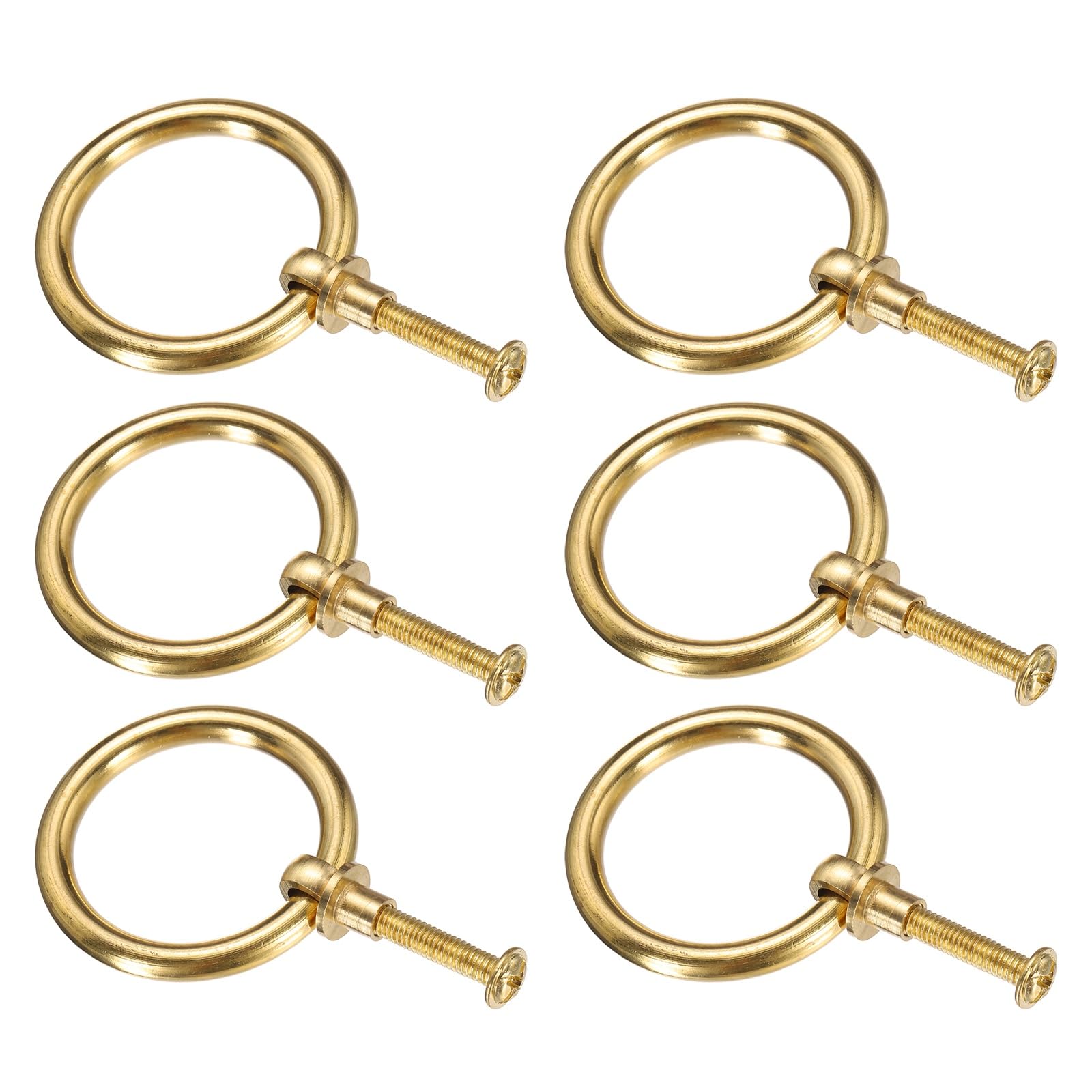 sourcing map 6Pcs 1.57 Inch Brass Drawer Pulls and Knobs Cupboard Cabinet Drawer Rings Pulls Knob with Screws for Dresser Cabinet Closet Cupboard, Gold Tone