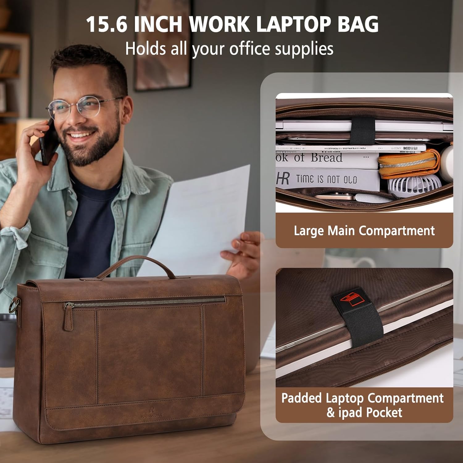 RAINSMORE Leather Messenger Bag for Men 15.6 Inch Laptop Bag Vintage Briefcase Large Computer Bag Satchel Shoulder Bag For College, Work, Business, Office, Brown - Image 4