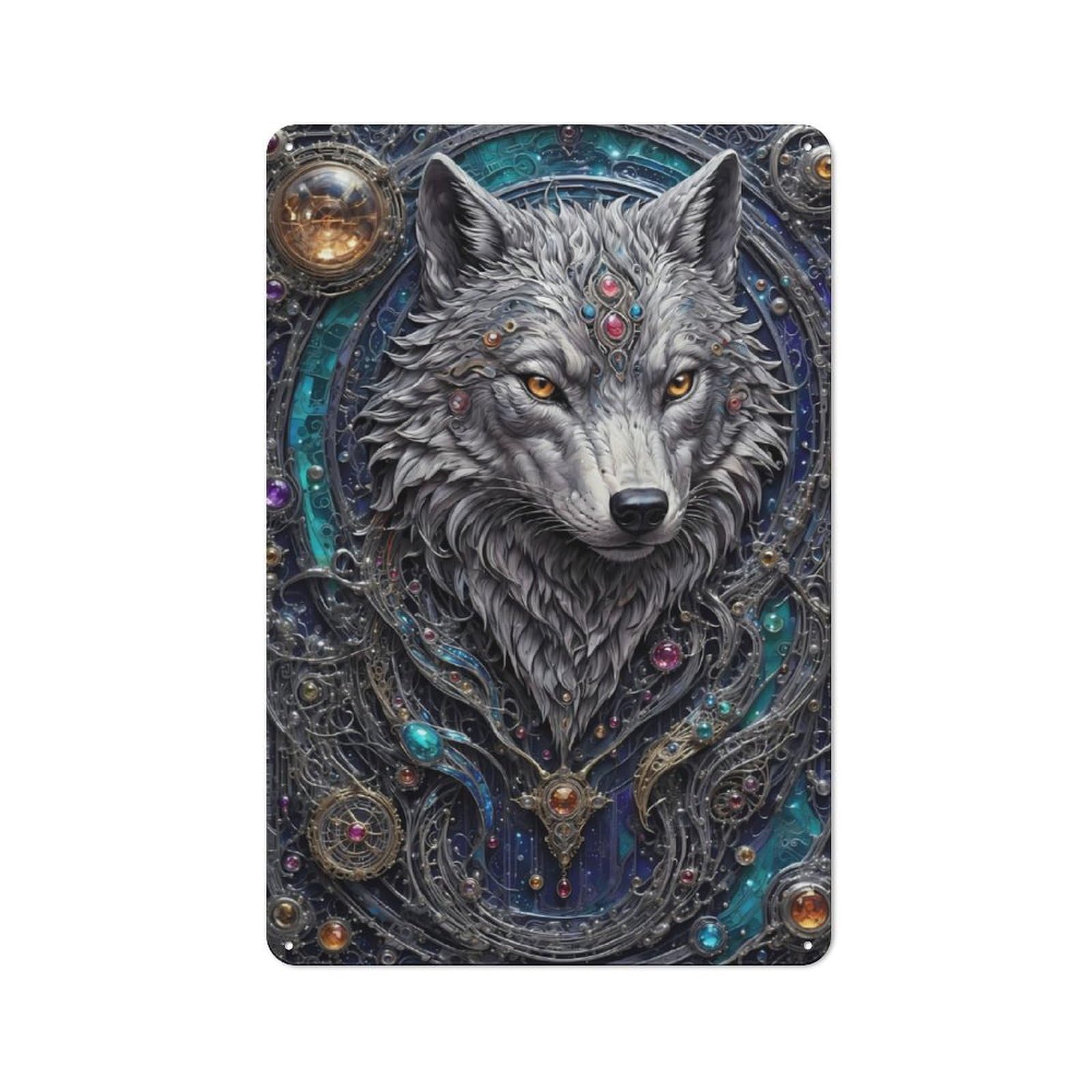 Industrial Tin Wall Sign 30x20cm Featuring Techno Wolf Steampunk, Urban Room Decor for Workspace, Cafe, Hallway Or Garage