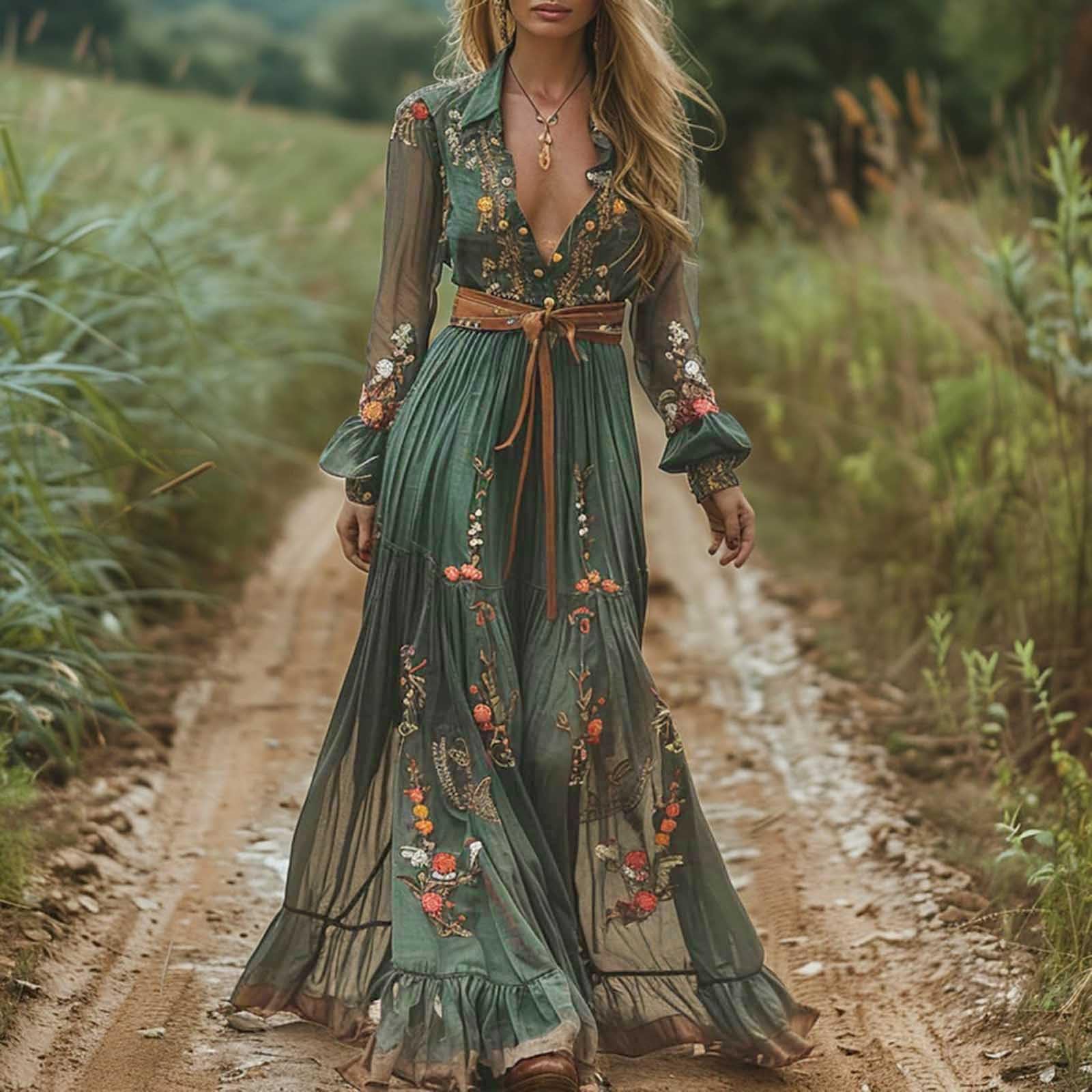 Générique Sukienka damska Plus Size Jesienna Ceremonia Koktajlowa Wieczór Bohemian Kwiatowa Sukienka Midi Długi rękaw Dekolt V Modny Casual Modern Chic A47