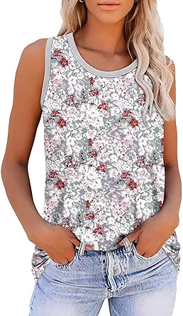 KISSMODA Womens Flora Print Tank Tops Ribbed Summer Shirt Sleeveless Summer Casual Women Blouses(S-3XL)