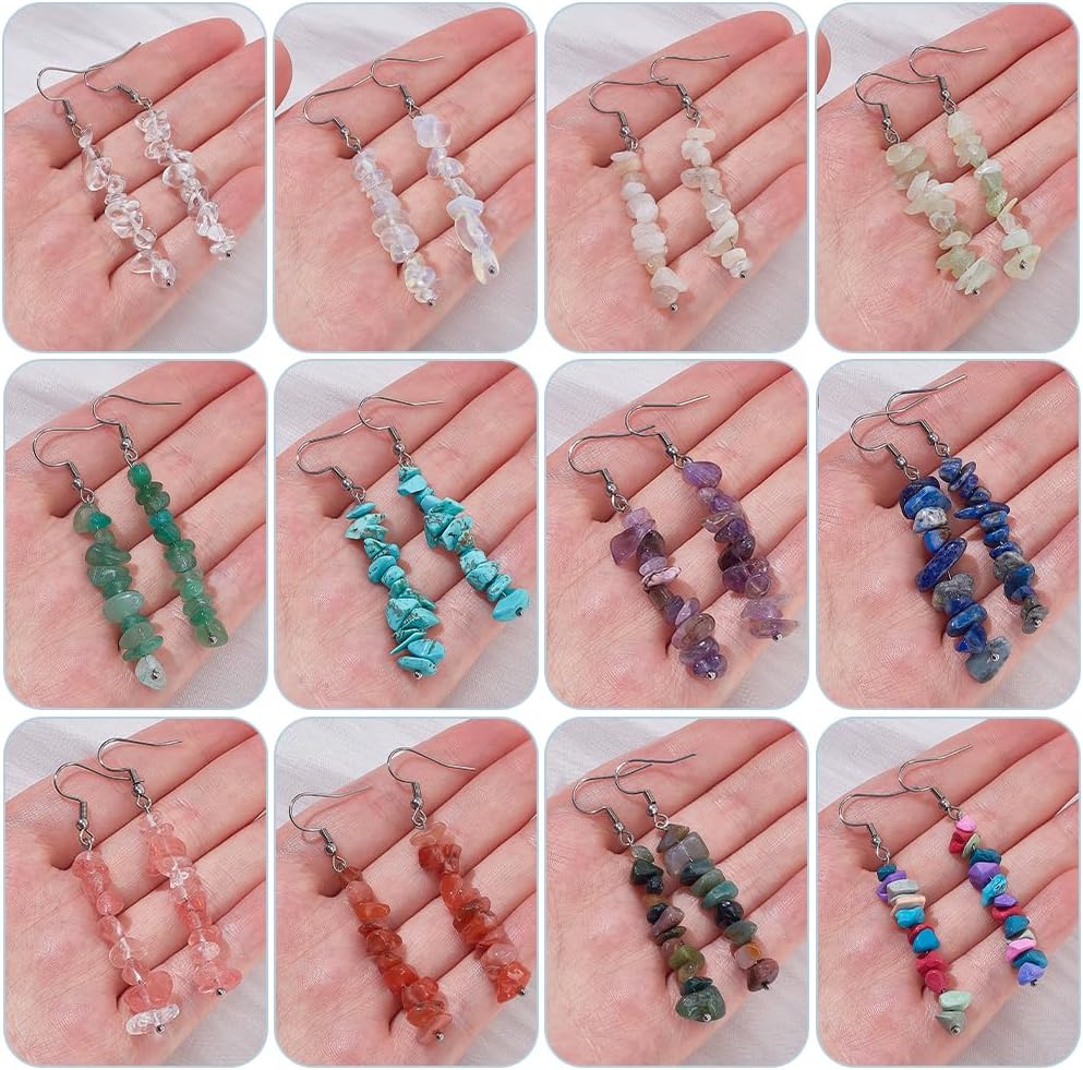 WADORN 12 Pairs Natural Stone Beaded Earrings for Women 2.6 Inch Amethyst Crystal Dangling Hook Earrings Bulk Pack Gemstone Yoga Jewelry Set for Holiday Wedding Meditation Accessories - Image 3