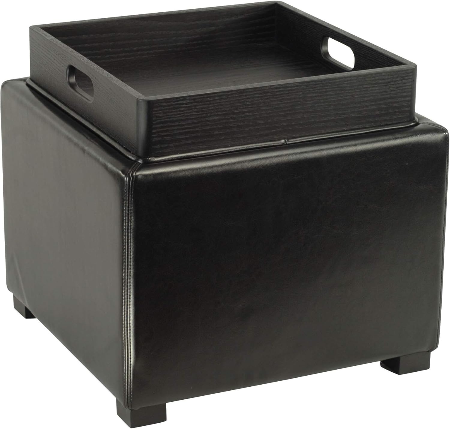 Brown Bi-Cast Leather Ottoman with Tray and Storage