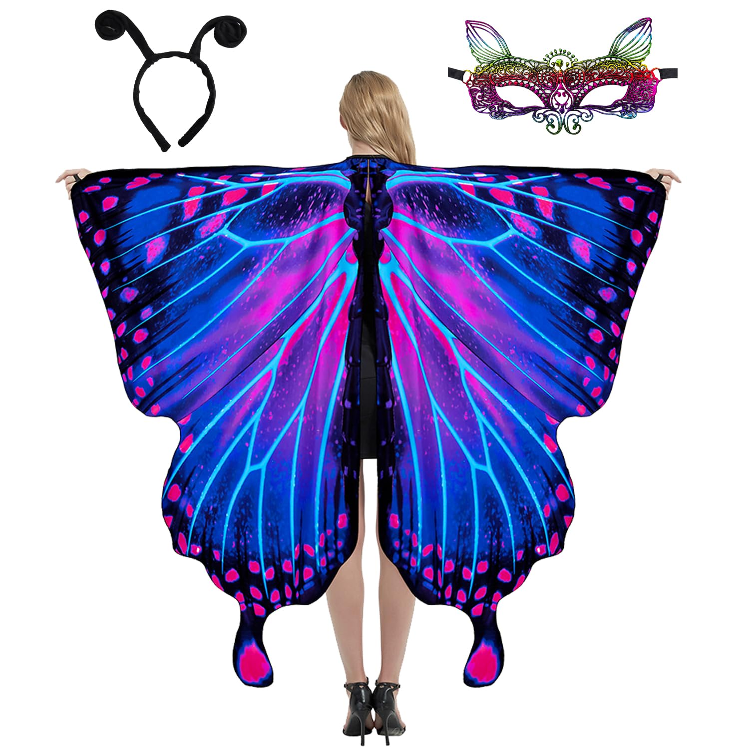 WhiteUniQoon Butterfly Costume for Women, Adult Butterfly Wings Halloween Party Costume with Lace Mask and Antenna Headband 003 — image 1