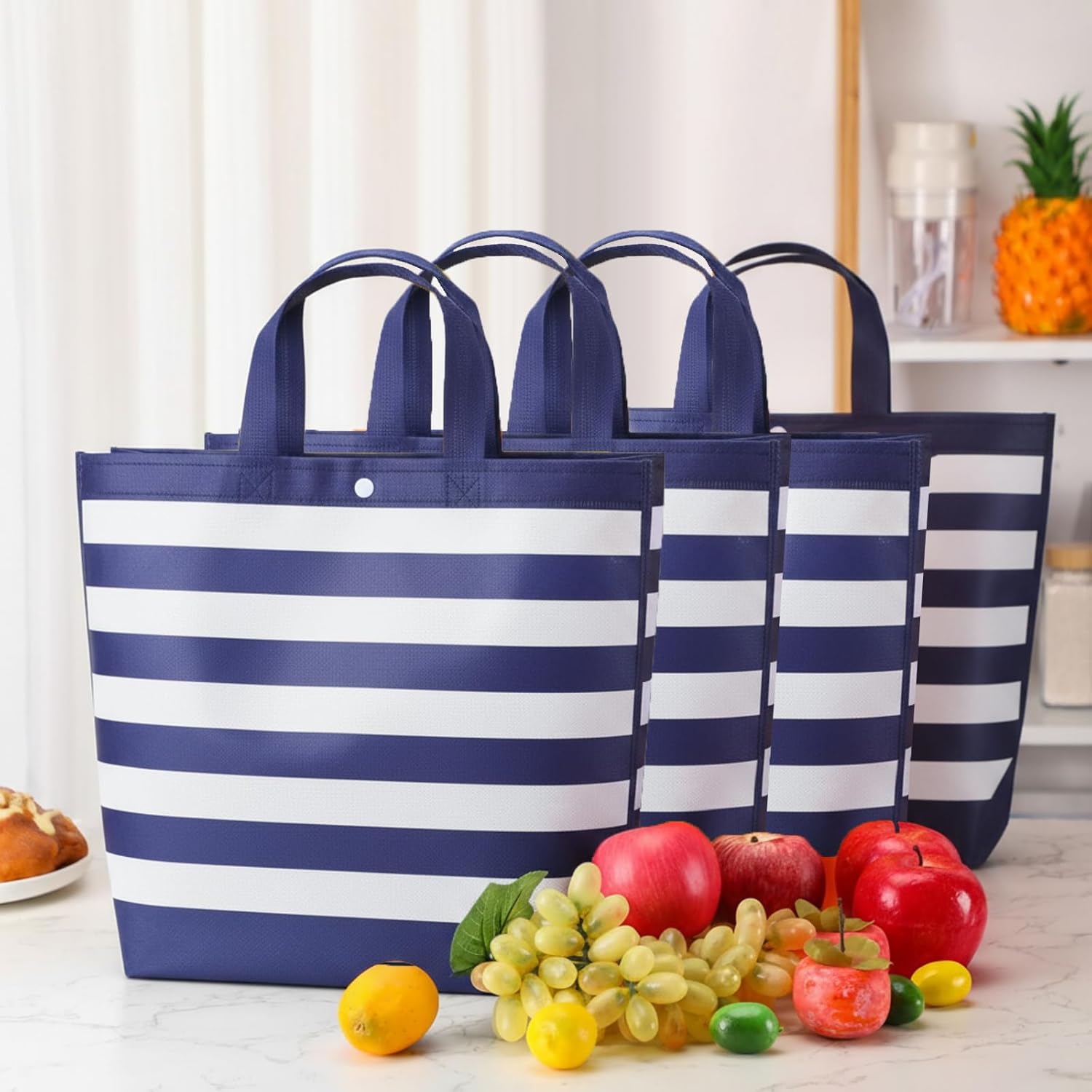 Paterr 100 Pcs Reusable Grocery Bags Bulk Shopping Tote with Handle Non Woven Portable Foldable Tote Bag Gift with Button - Image 3