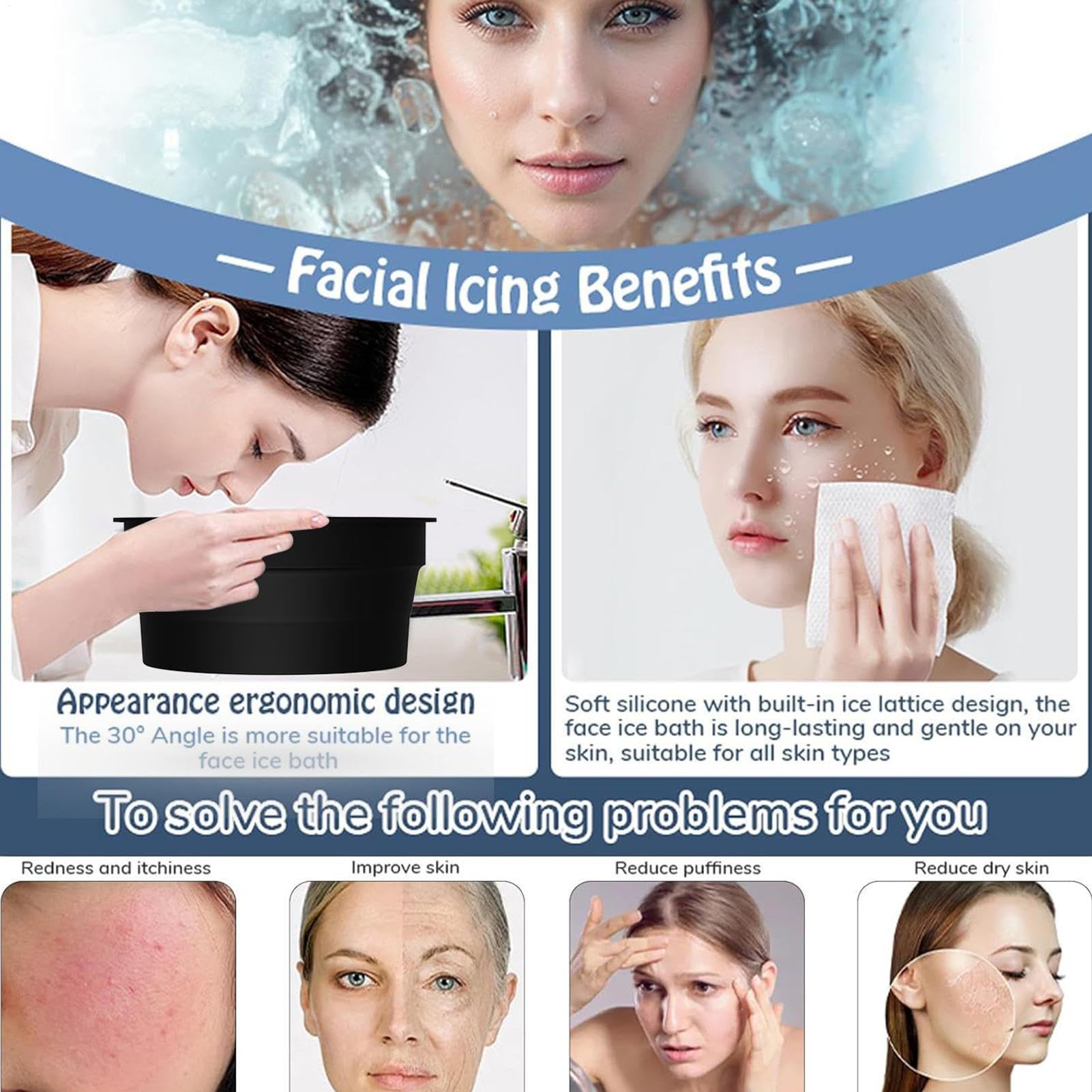 Cuenco para baño de hielo en la cara, recipiente de hielo para el cuidado facial de inmersión en frío, cuenco plegable para el hogar, viajes, estiramiento de la piel, cuidado facial