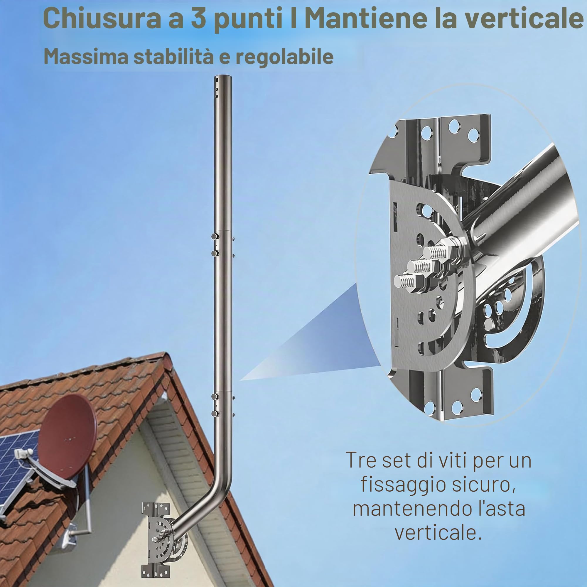 134 cm Supporto da parete per antenna regolabile – 430 in acciaio inox J-Pole per Star link (adattatore necessario), antenne TV, stazioni meteo – diametro esterno 3.5 cm base pivot (argento)