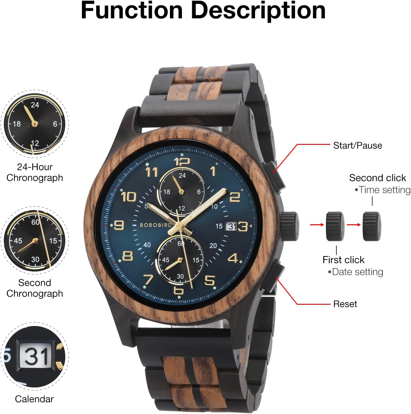 BOBO BIRD Men’s Wooden Chronograph Watch – Handmade Multi-Function Quartz Wristwatch, Lightweight & Stylish, Ideal for Business & Casual Wear, Great Gift Idea - Image 5
