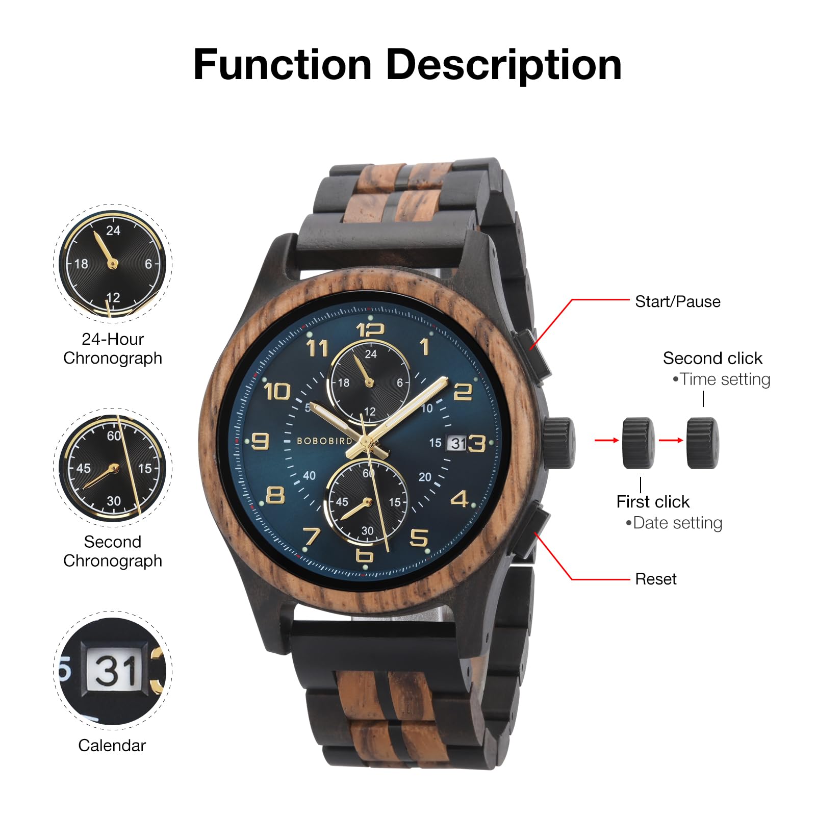 BOBO BIRD Herren Holz Chronograph Uhr - Handgefertigte Multifunktions-Quarz-Armbanduhr, leicht & stilvoll, ideal für Business & Freizeit, tolle Geschenkidee
