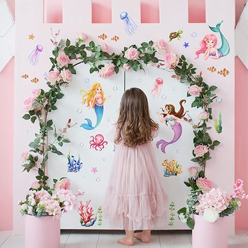 Miniatura 4 de Pegatinas de pared de sirena, peces de océano, calcomanías de pared de medusas, coral, bajo el mar, animales, papel tapiz para niñas, dormitorio,