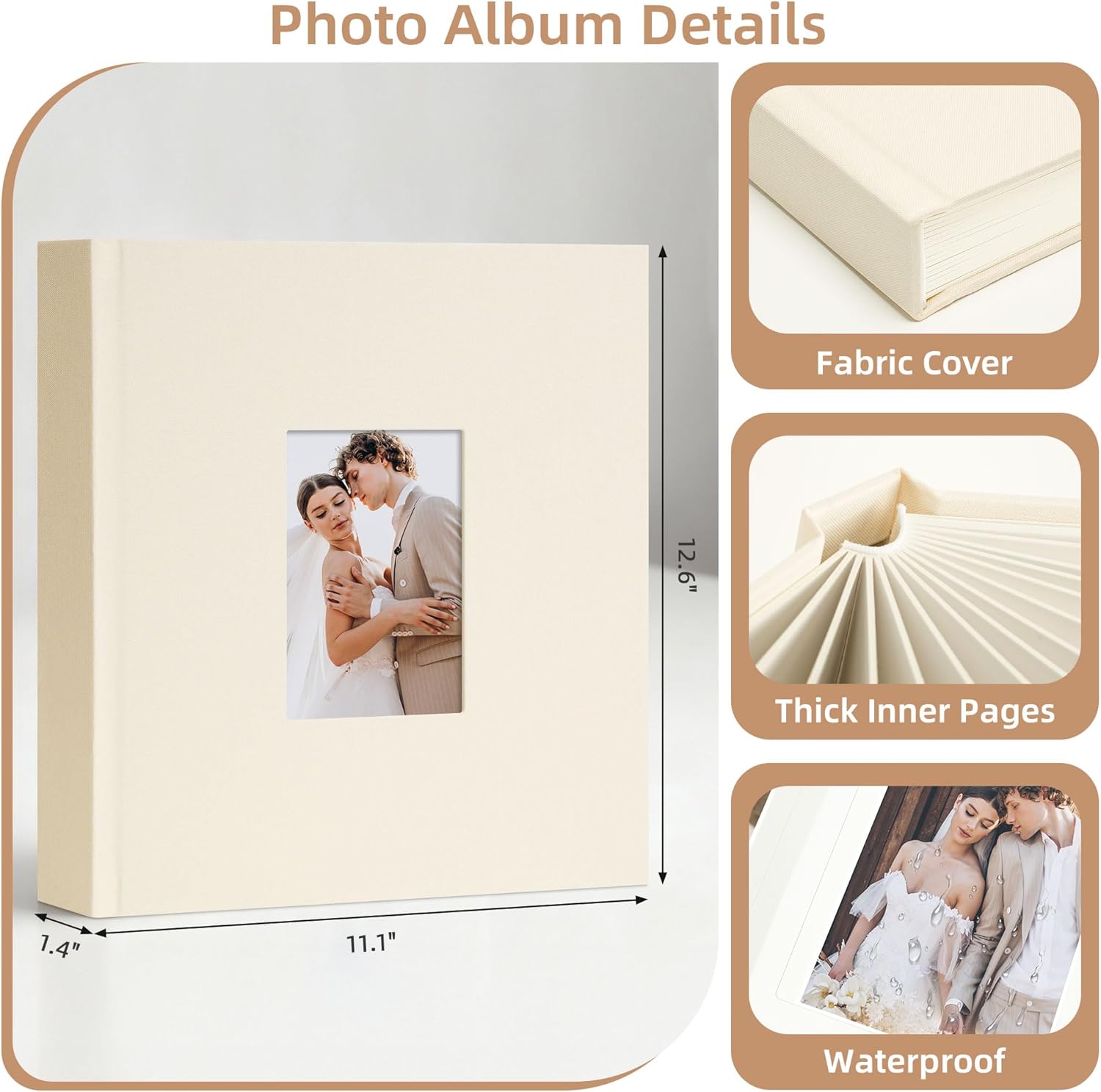 Vienrose Photo Album 8x10 30 Pockets, Fabric Cover Memory Book with Writing Space for Artwork Family Wedding Baby, Beige