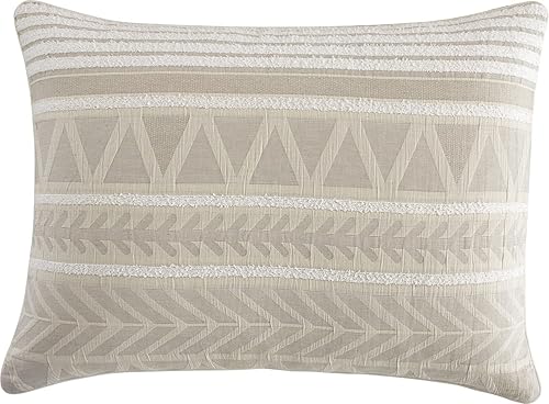 Miniatura 8 de Conjunto de edredón de algodón Grand Avenue tamaño Queen, 6 piezas, juego de ropa de cama geométrica jaspeada beige, faldón para cama, almohadas y