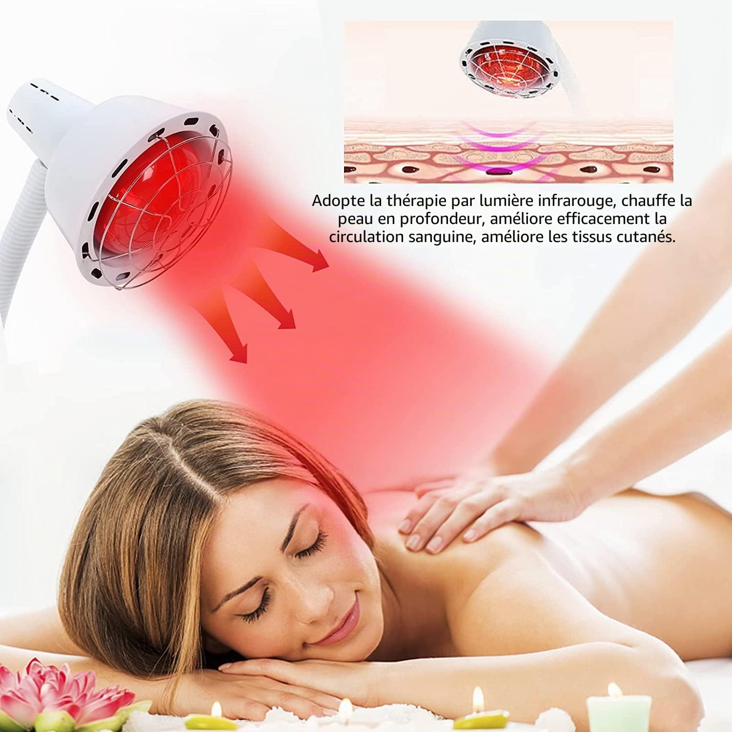 Lampe infrarouge - Rotation à 360° - Lampe chauffante infrarouge avec support - 275 W - Pour le traitement du rhume et la relaxation musculaire