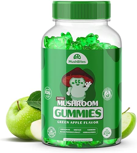 Gomitas orgánicas de melena de león  Deliciosa gomita de melena de león con sabor a manzana verde  Mezcla de 10 superalimentos de hongos  Apoya la
