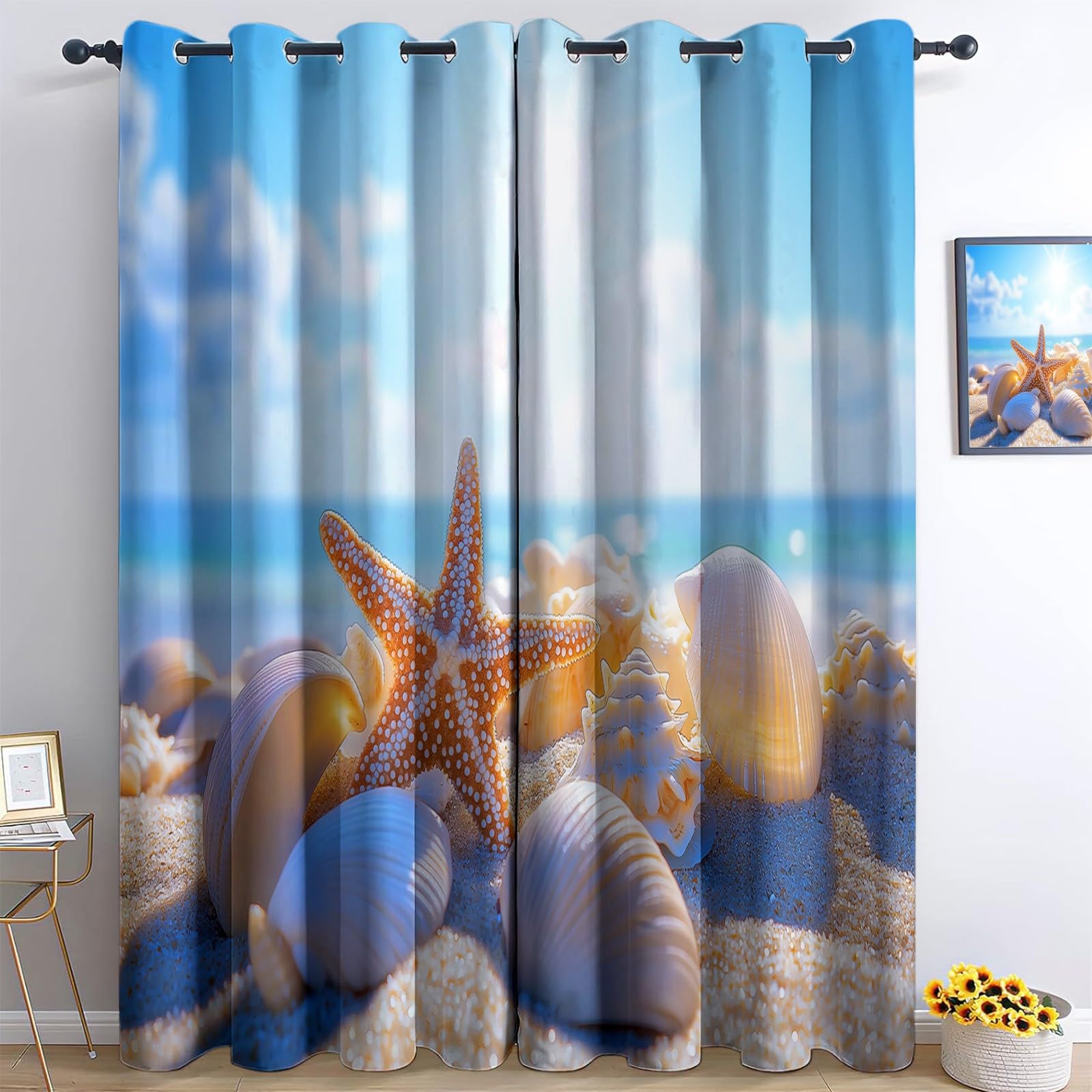 Rideaux occultants enfant coquillages jaune clair L140xH245 cm lot de 2