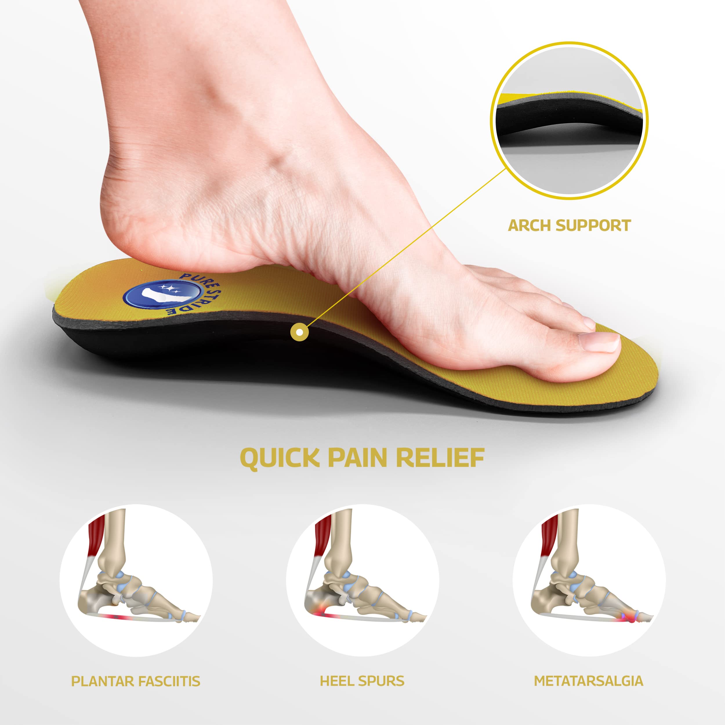 Pure Stride Bold Professional - Ortesi ortopediche a lunghezza intera, supporto per metatarso, arco alto, piedi piatti, sollievo dal dolore per fascite plantare, arco plantare, tallone, 1 paio, uomo 3