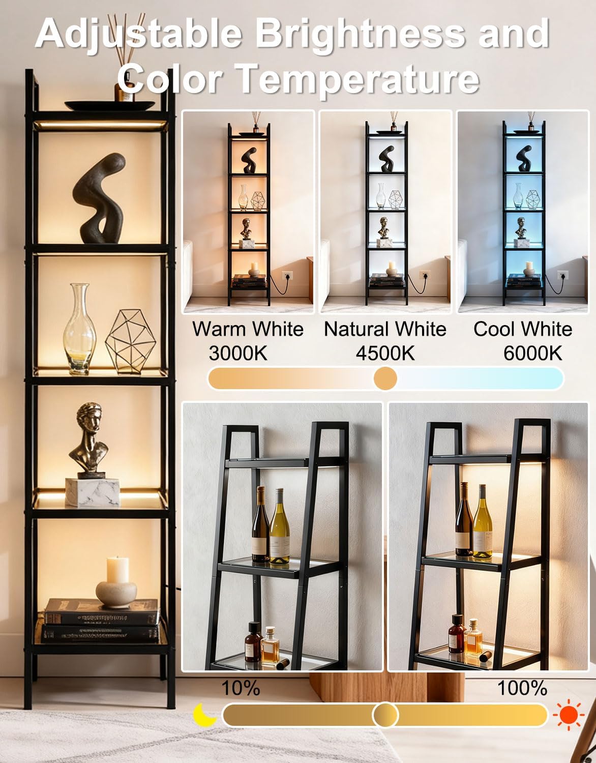 5-Tier Glass Display Shelf with RGB Light, 67" Ladder Bookshelf, Music Sync & 3 CCT, Dimmable App/Remote, Modern Freestanding Corner Storage Rack, Metal Organizer for Living Room Home Office, Black